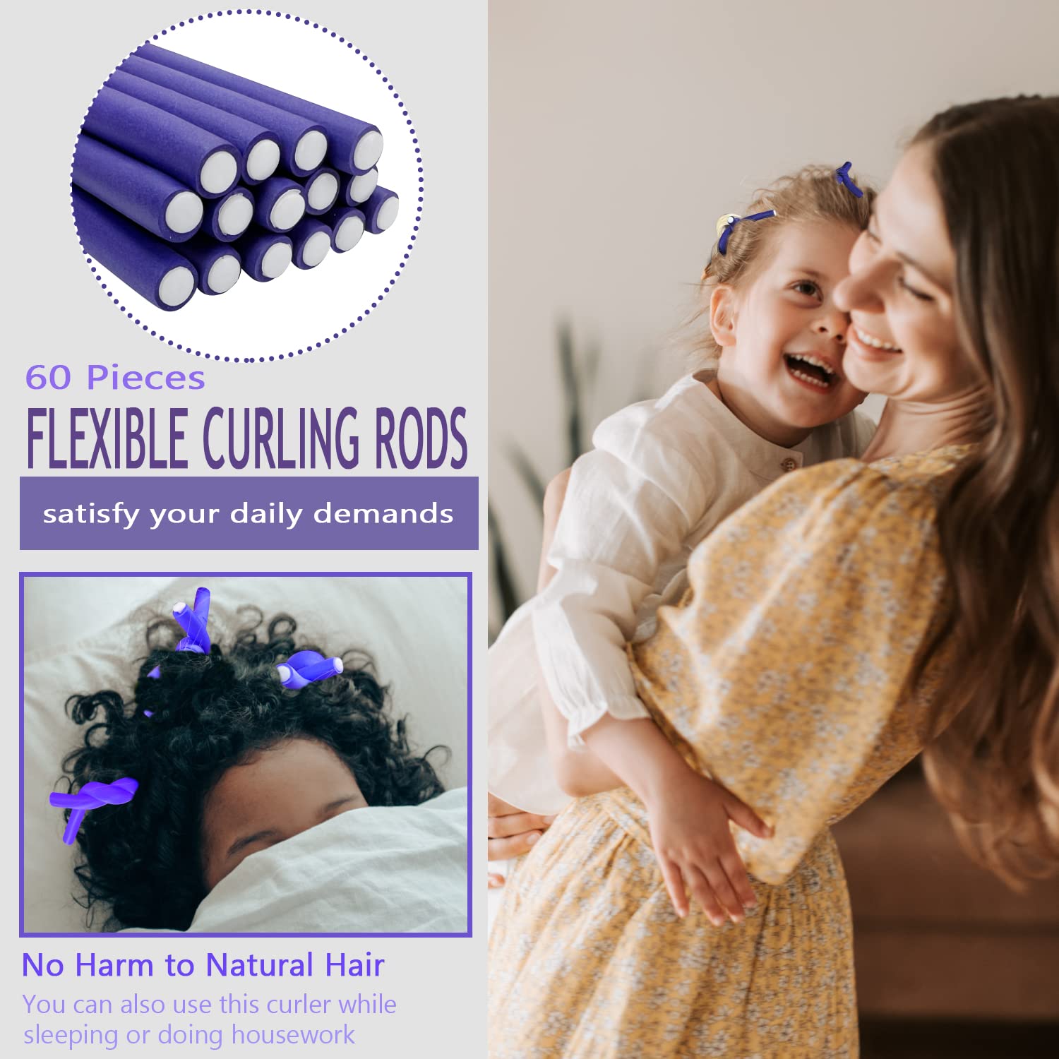 60 varillas flexibles para rizar, de espuma giratoria, sin calor, rodillos de pelo y peine de cola de rata de acero para cabello largo y corto, para