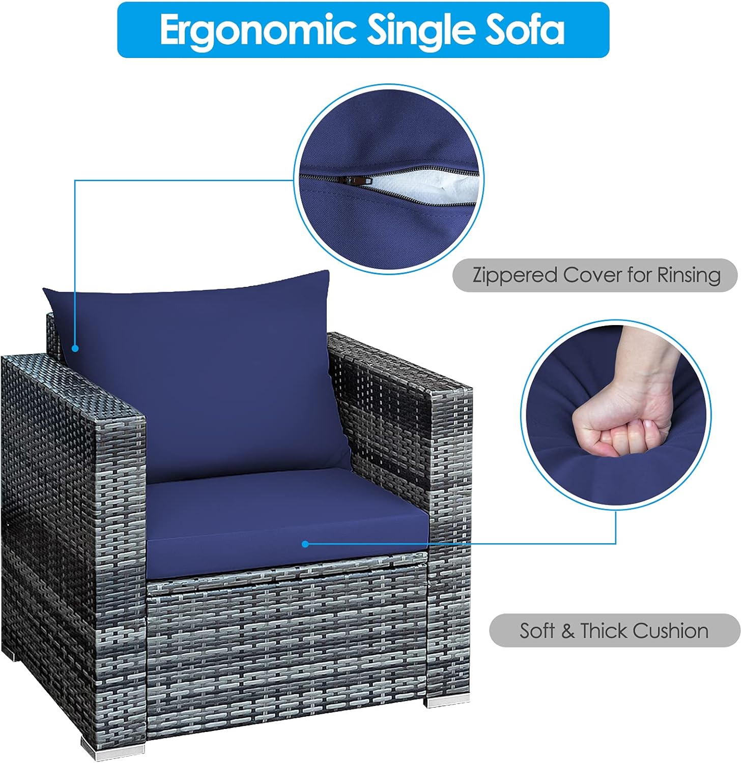 Juego de muebles de patio de 3 piezas para exteriores, juego de conversación de mimbre de ratán con cojín resistente al agua y mesa de vidrio
