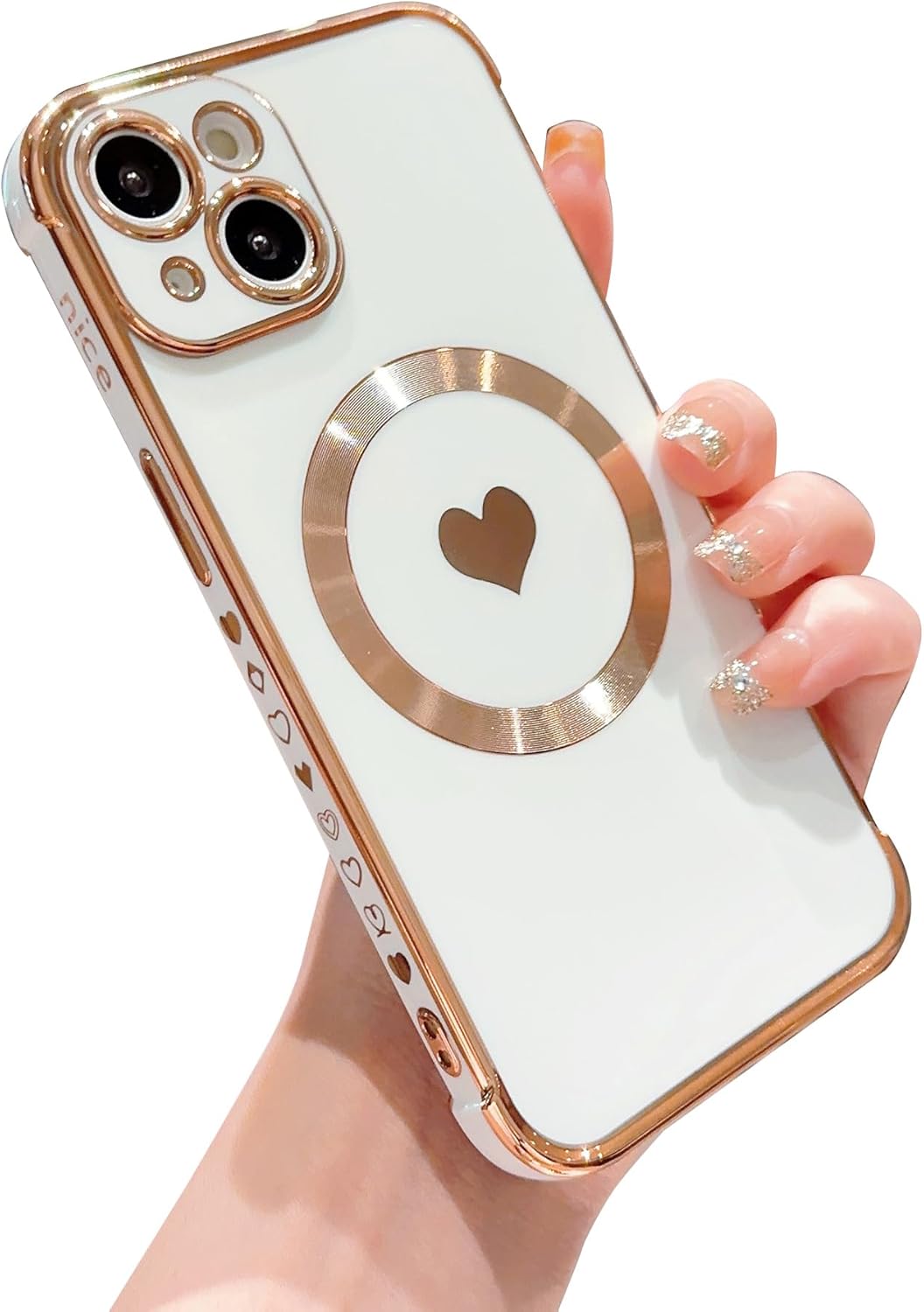 phylla Funda magnética para teléfono 2023 Plus 0.18 oz 6.7 pulgadas, compatible con MagSafe, cubierta protectora de corazón de amor chapado de lujo