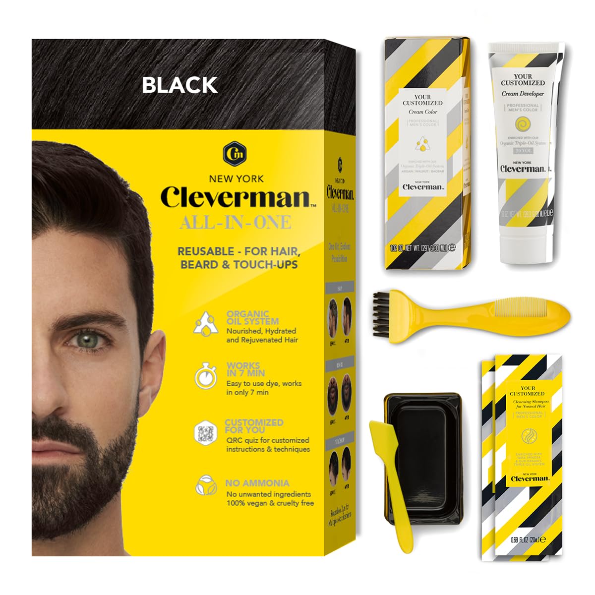 Cleverman Tinte negro para cabello y barba para hombres, kit reutilizable todo en uno  Color para hombre para una cobertura gris de aspecto natural,
