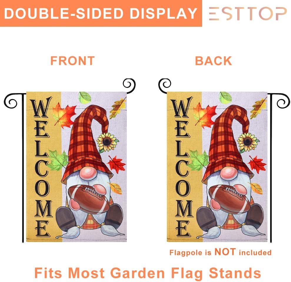 Bandera de jardín de bienvenida de otoño, 12.5 x 18 pulgadas, vertical, de doble cara, gnomo a cuadros con soporte de fútbol, decoración de otoño