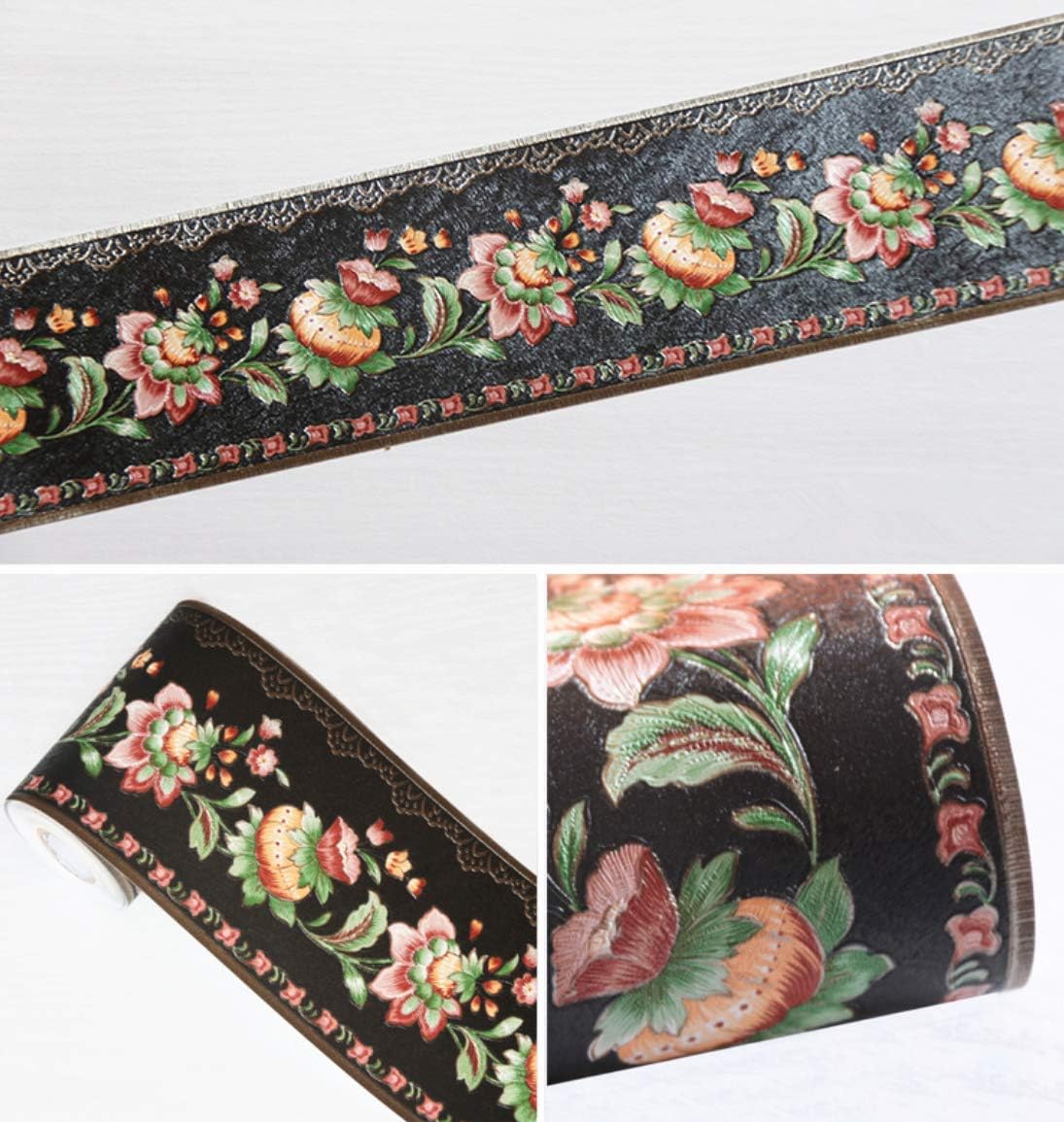 Papel tapiz decorativo 3D con moldura floral, borde impermeable para pared, techo, para baño, cocina, azulejos en muro, 4 pulgadas por 16.4 pies