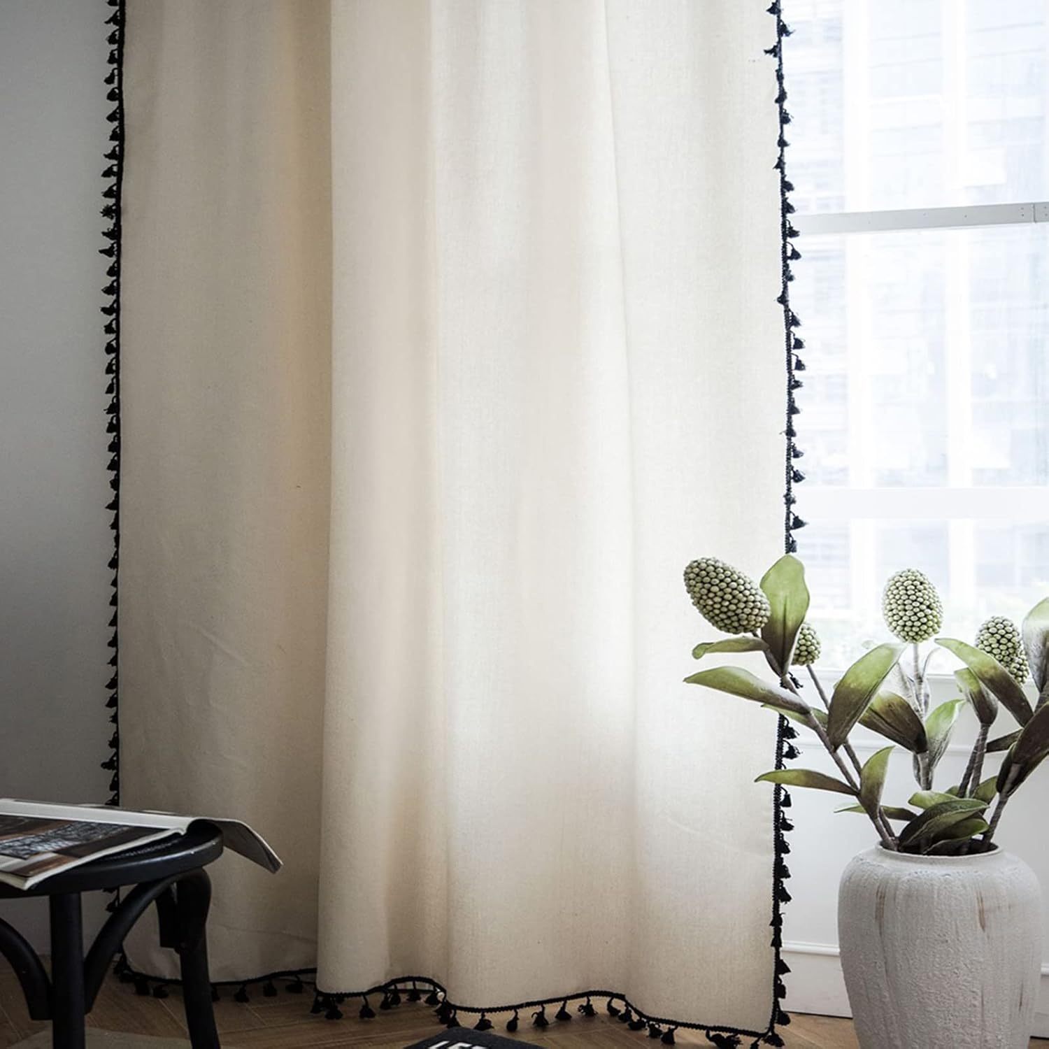 Cortinas de estilo bohemio, de lino y de arpillera para dormitorio, cortinas de ventana semiopacas con borlas, juego de cortinas rústicas para