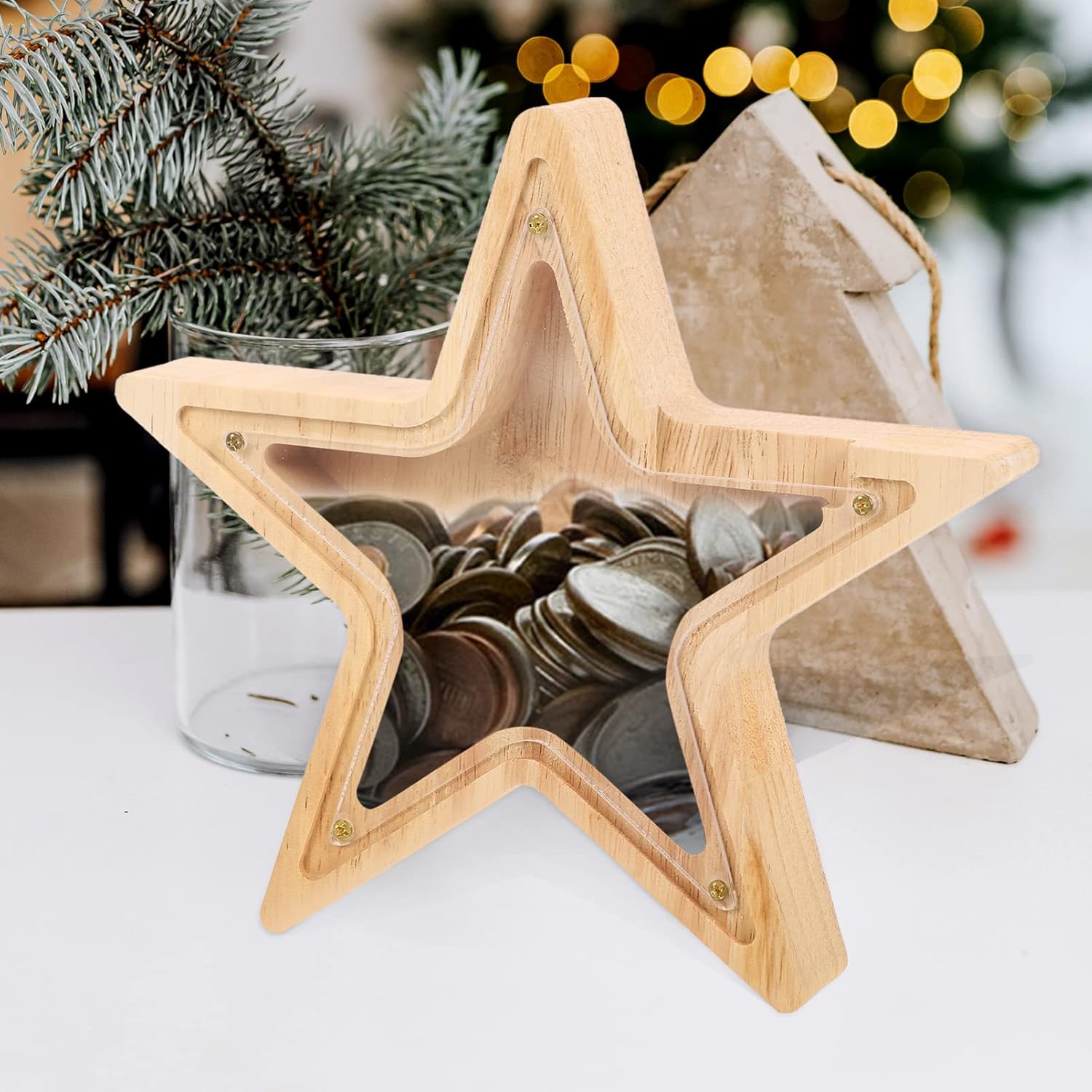 Zerodeko Hucha de madera para el hogar, alcancía para adolescentes, con forma de estrella, alcancía transparente para niños y niñas, bebé, primera