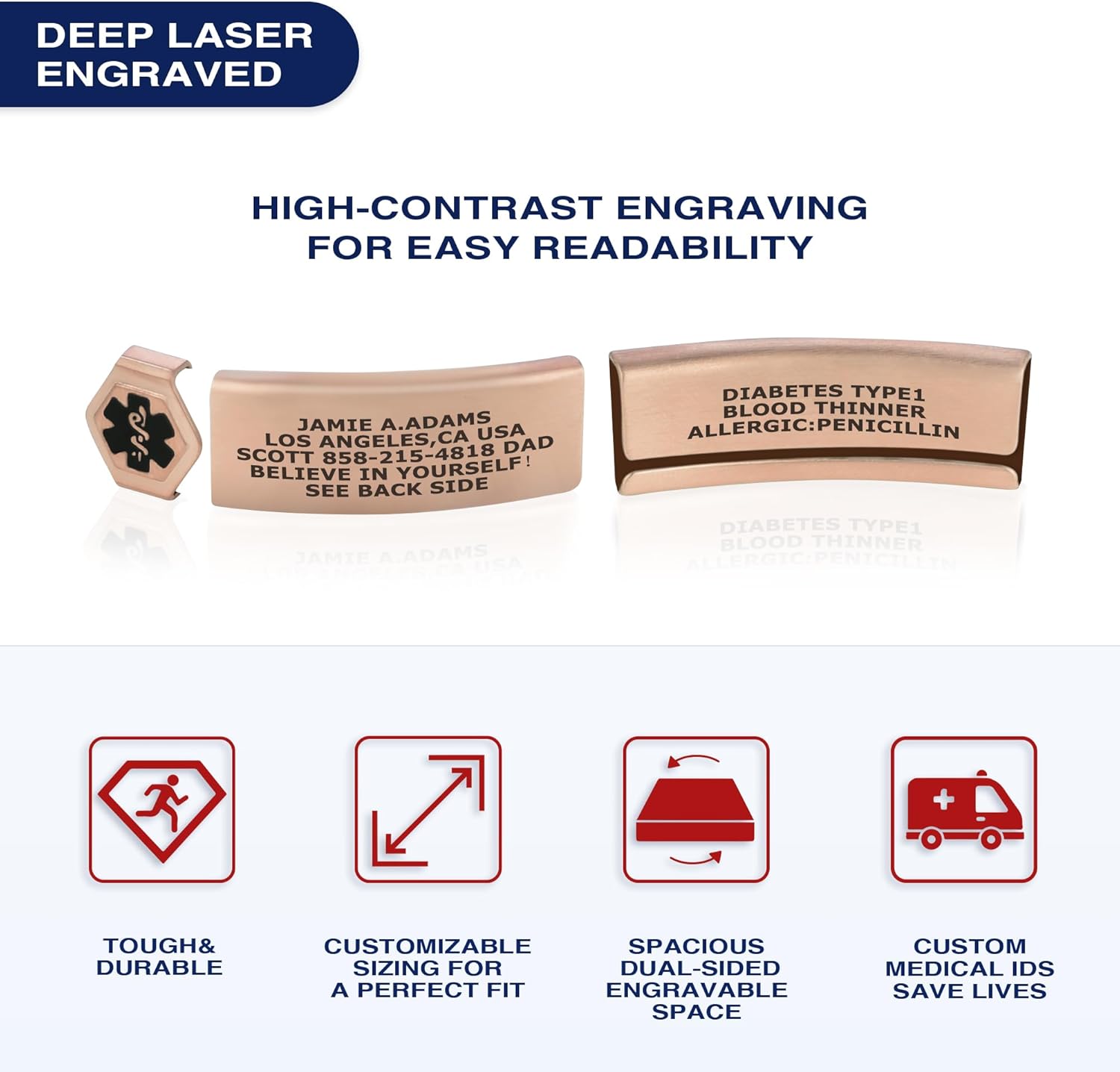 Divoti Pulsera de identificación de alerta médica de silicona grabada de doble cara personalizada con cierre de seguridad y banda de ajuste para