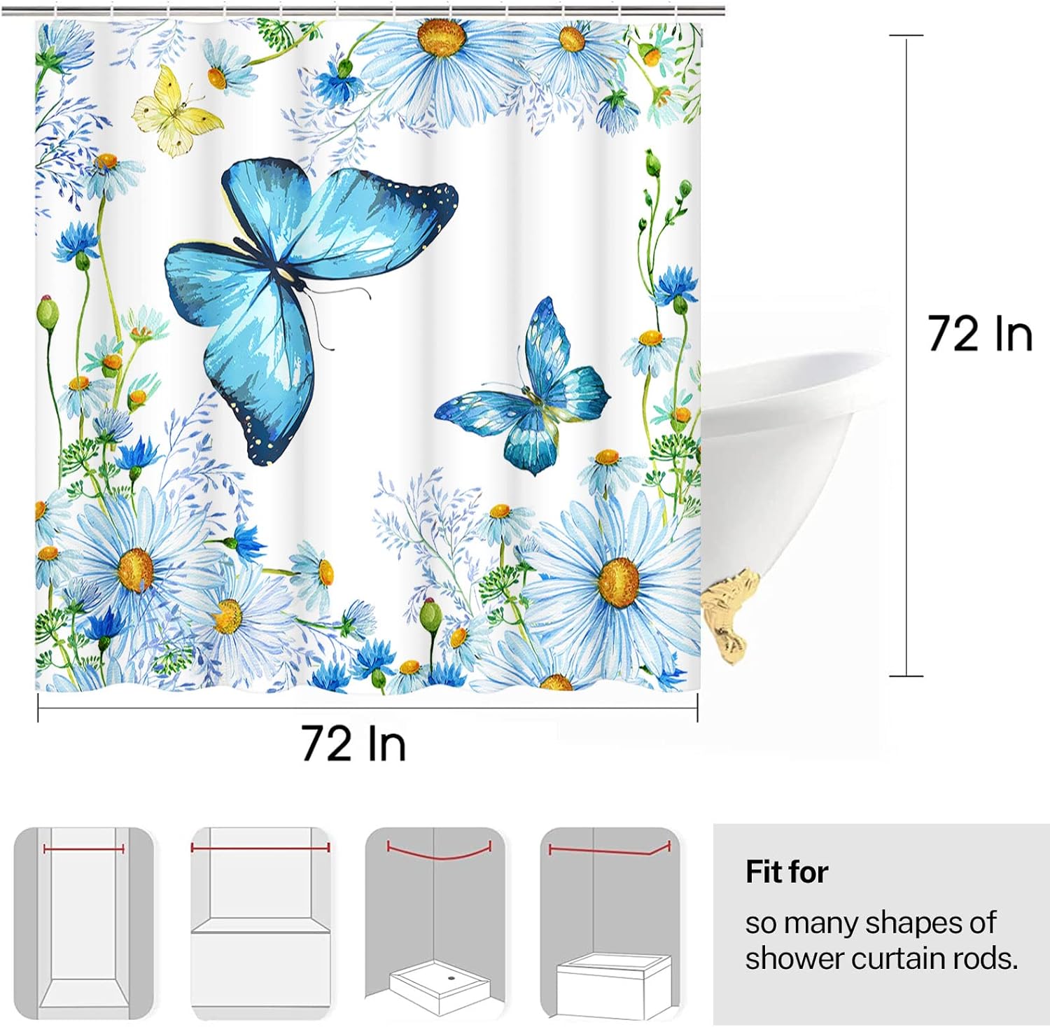 Cortina de ducha de mariposa de 72 x 72 pulgadas, cortina de ducha de flores silvestres azules, margaritas y mariposas, cortina de ducha floral de