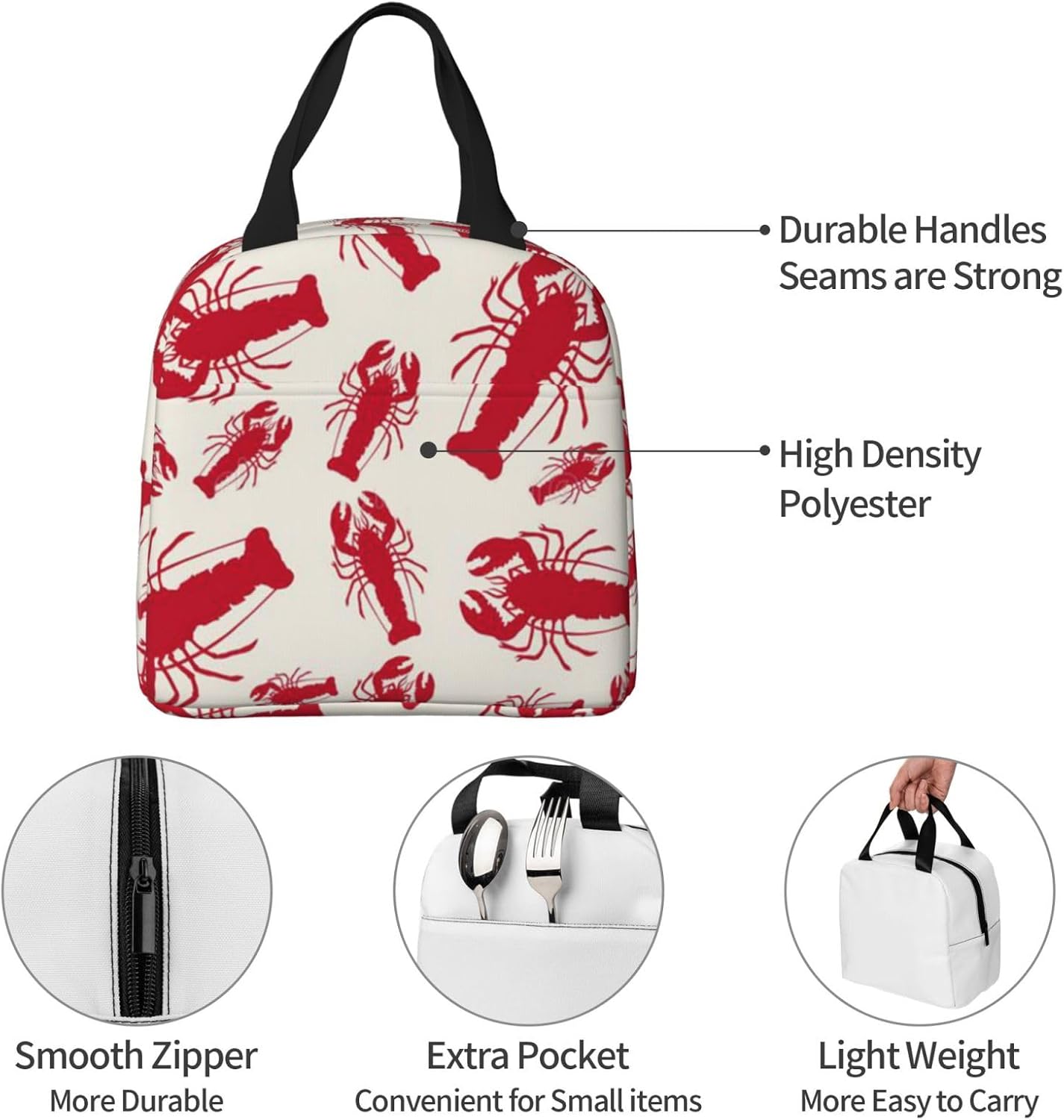 Lonchera estampada con langosta roja, bolsas de almuerzo aisladas para mujeres y hombres, lonchera reutilizable para el trabajo, picnic o viajes