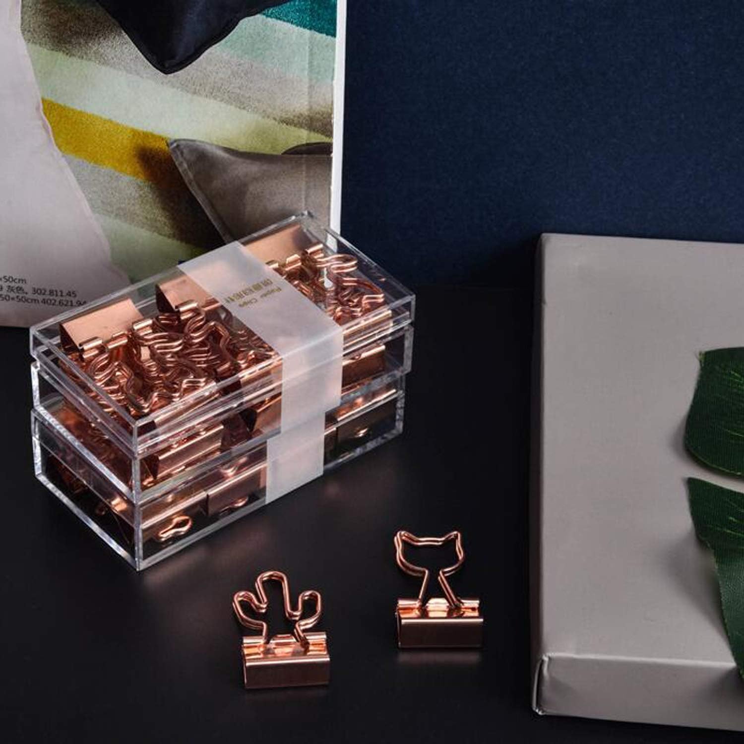 Clips para carpeta de cactus con bonitos clips medianos de oro rosa en caja de cristal acrílico para oficina, escuela y suministros para el hogar