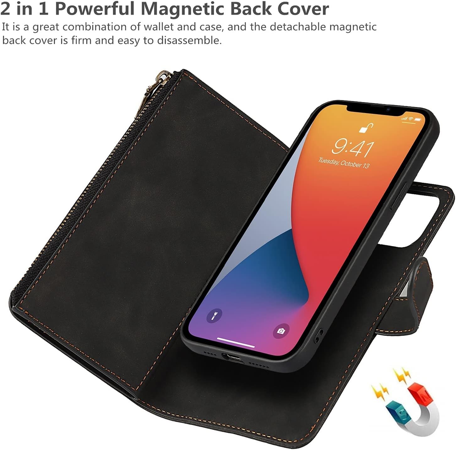 iCoverCase Funda tipo cartera para iPhone 13 Pro con tarjetero y correa para la muñeca, de piel sintética, ranuras para tarjetas, bolsillo con