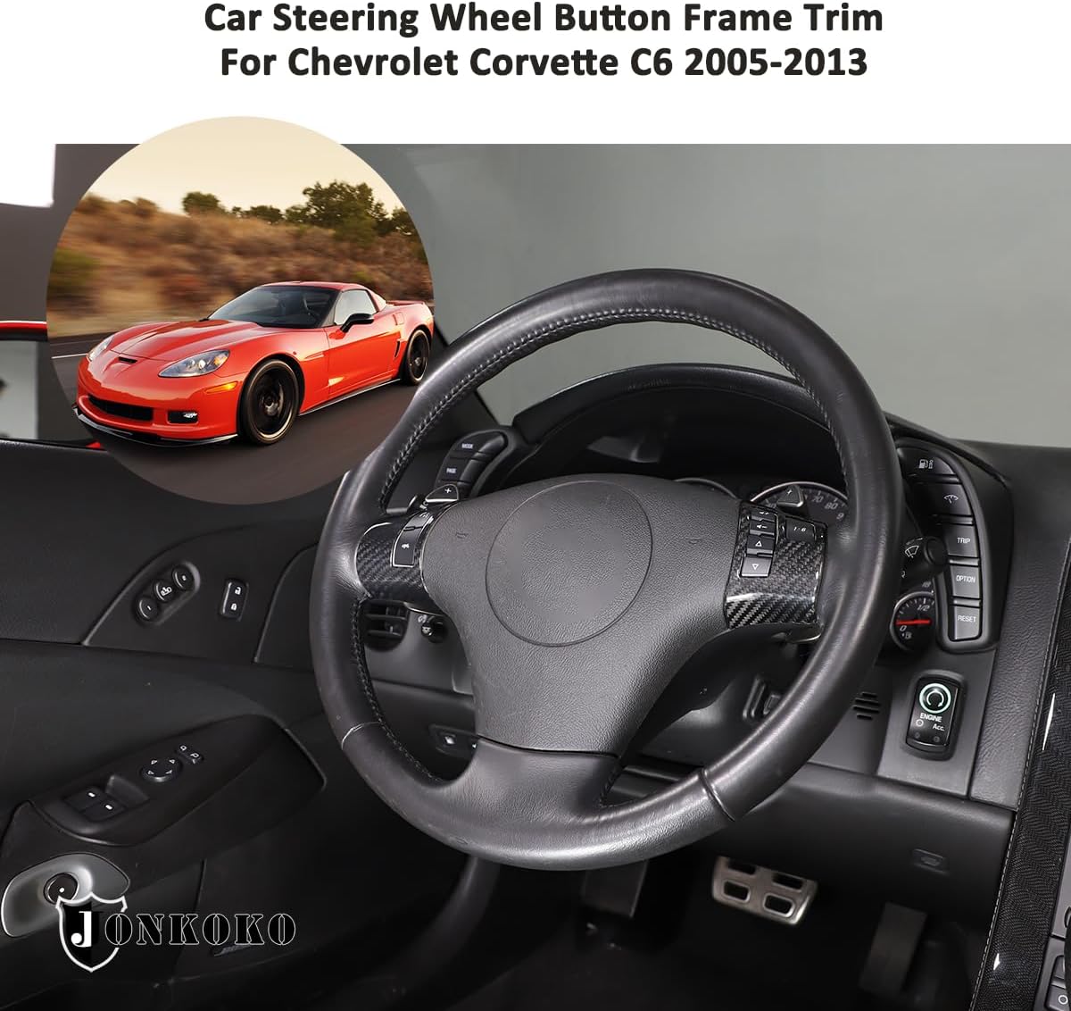Adhesivos de botón de volante de automóvil de fibra de carbono suave para Chevrolet Corvette C6 2005-2013 (100% fibra de carbono real, negro)