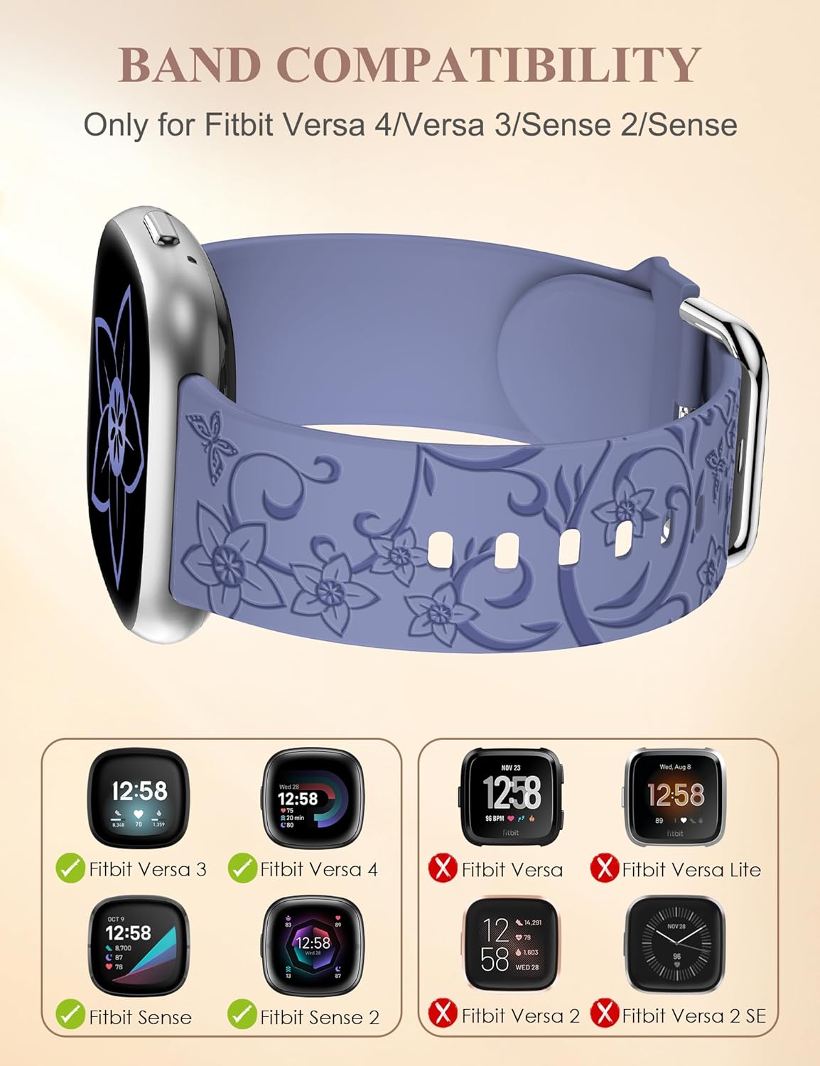 W-RARA Correa con grabado floral compatible con Fitbit Versa 4Versa 3Sense 2Sense Band para mujer, bonita correa de silicona suave con diseño de