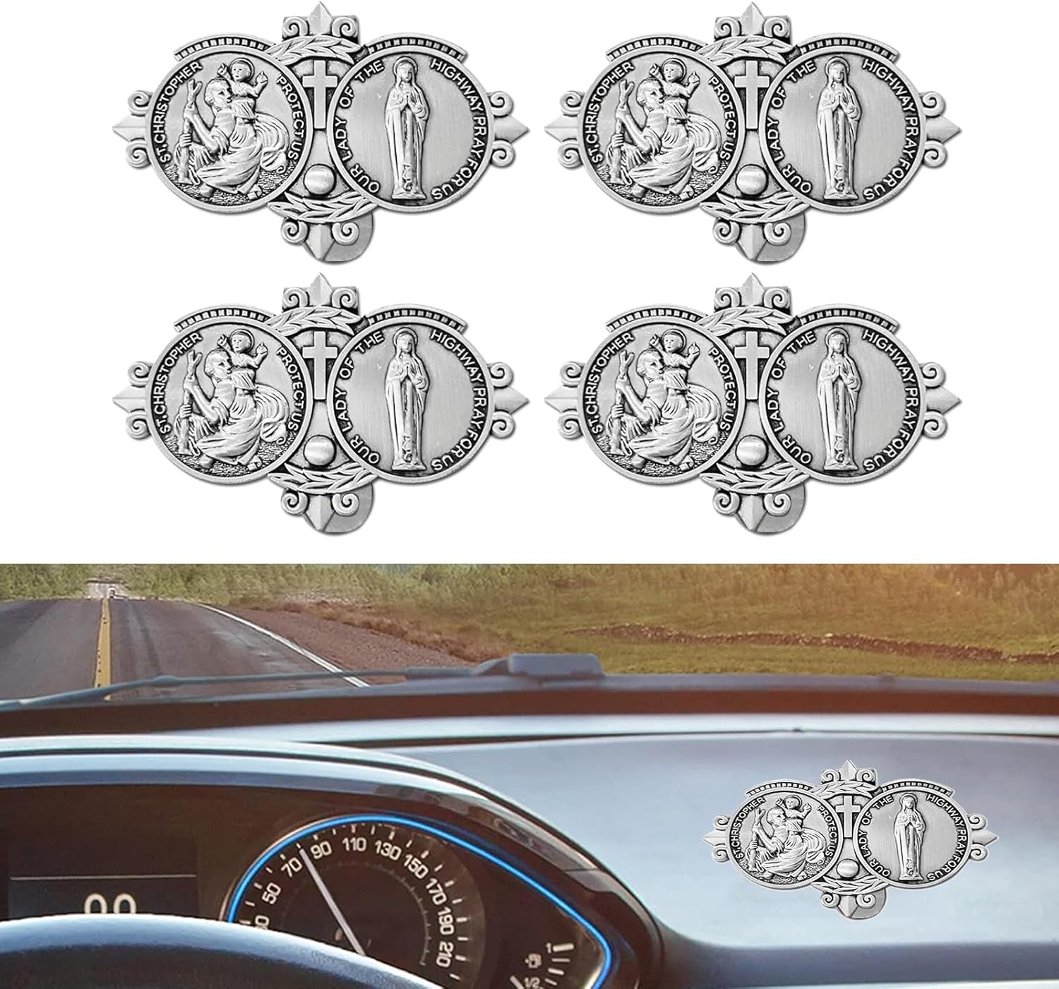 QODOLSI 4 clips para visera de automóvil con San Cristóbal, decoración metálica para visera de vehículo de Nuestra Señora de la Autopista,