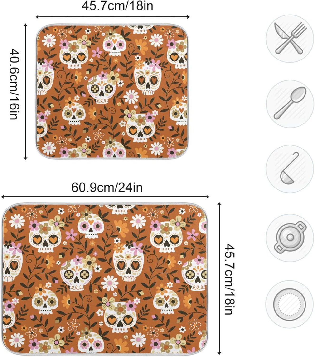 Cute Skull Dish Mat Washnable Absorbent Counter Top Accessories Kitchen Countertop Pad Tapete Para Cocina 16” x 18”