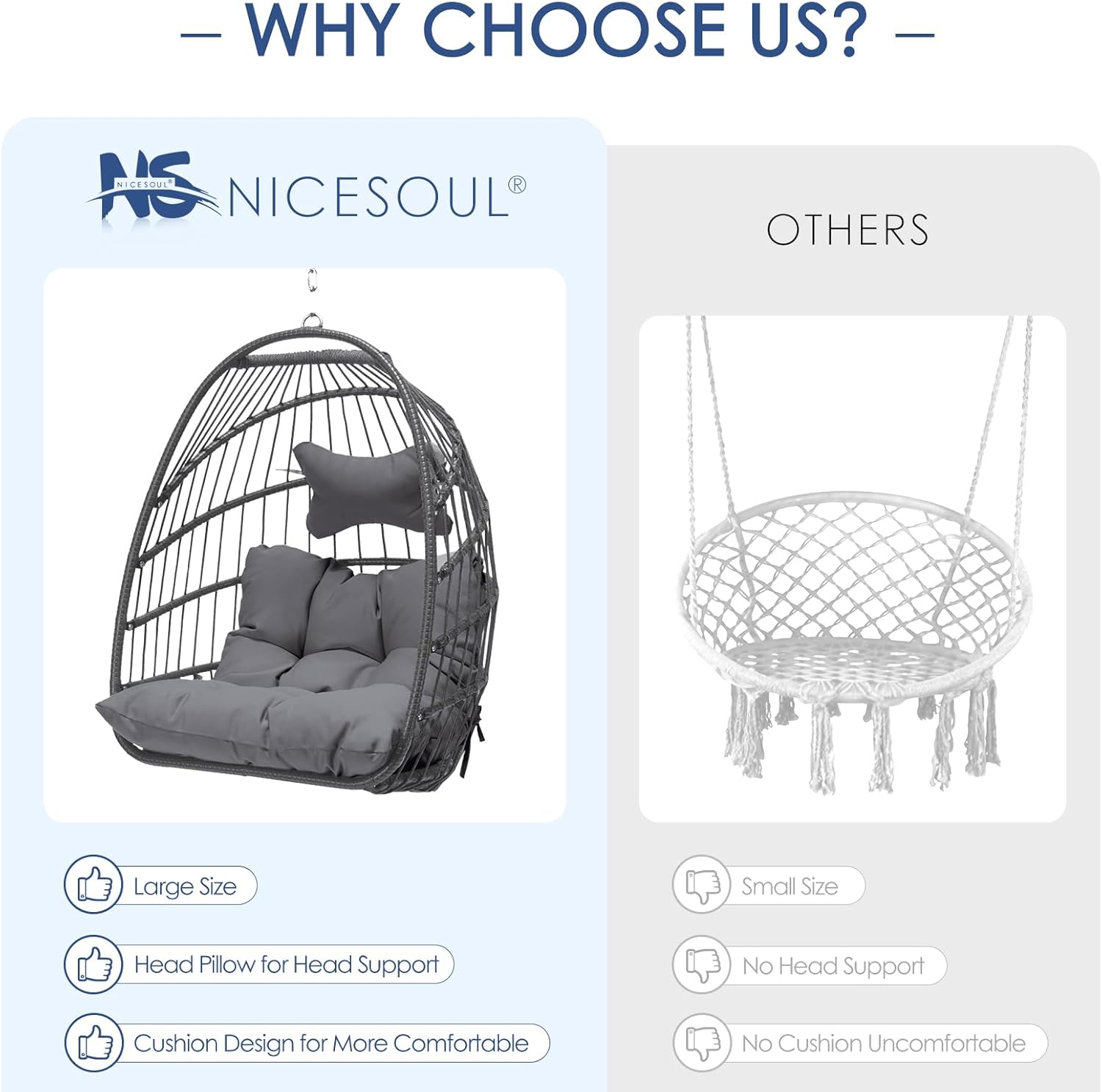 NICESOUL Silla colgante de mimbre para patio interior y exterior, hamaca con cesta de huevos, cojines resistentes a los rayos UV, capacidad de 265