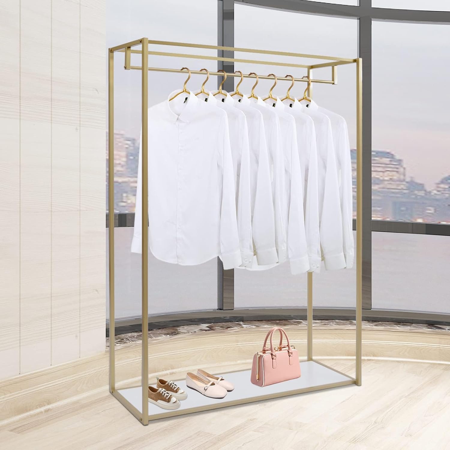 Percheros dorados de 67 pulgadas para boutiques, estante para vestidos de novia al por menor, estante de ropa comercial resistente, estantes de