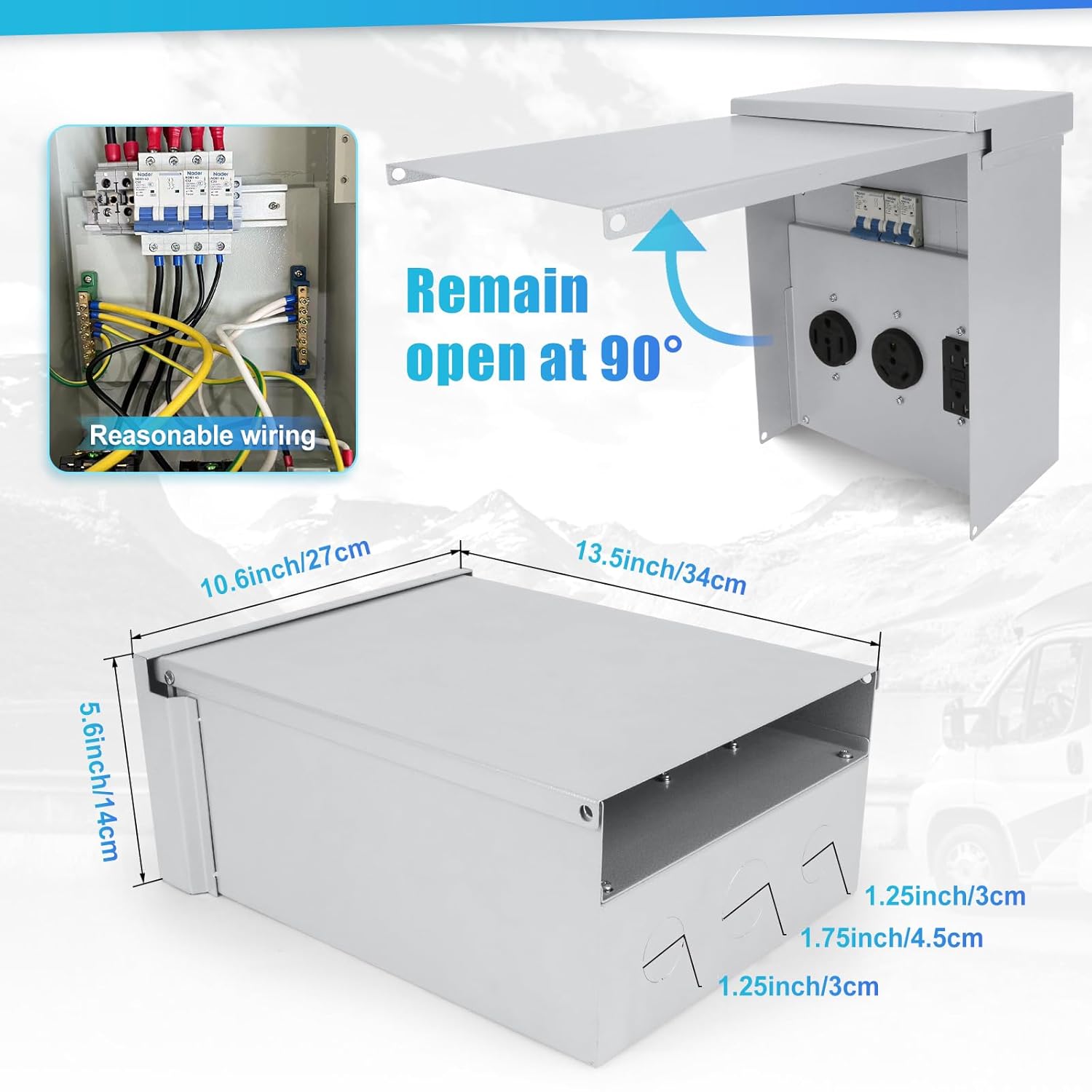 Panel de toma de corriente temporal, 20, 30, Receptáculo de caja de interruptor eléctrico con pedestal de 50 amperios RV con disyuntor, precableado