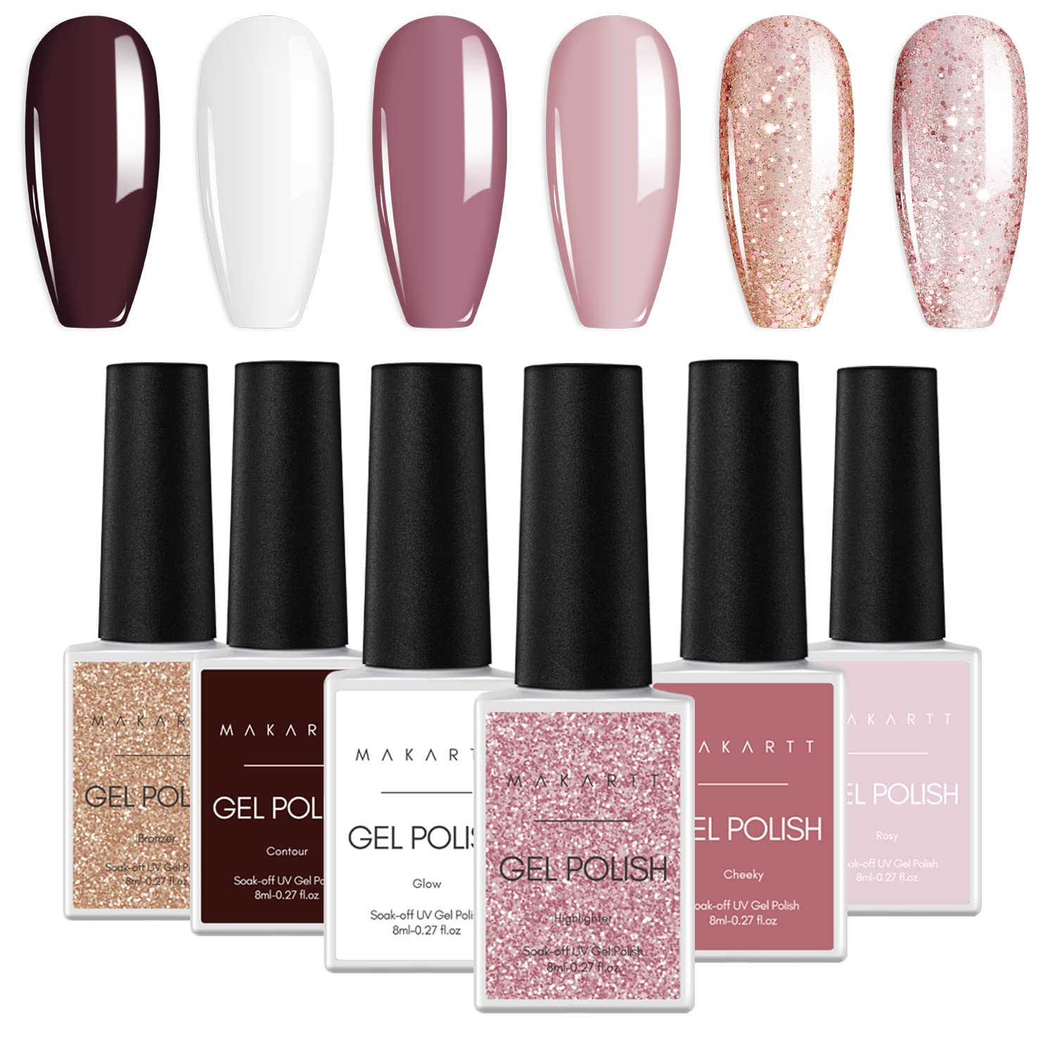Makartt Kit de esmalte de uñas de gel, 6 colores, blanco, nude, rosa, juego de regalo de belleza, esmalte de uñas de color primavera, esmalte de