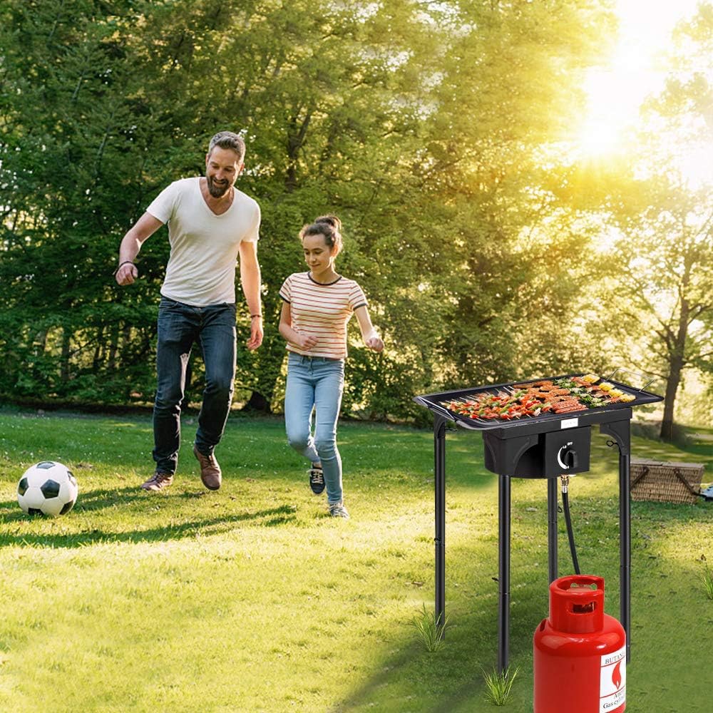 Bonnlo Estufa de gas de propano portátil para exteriores, quemador de hierro fundido resistente con patas de soporte desmontables para cocinar en