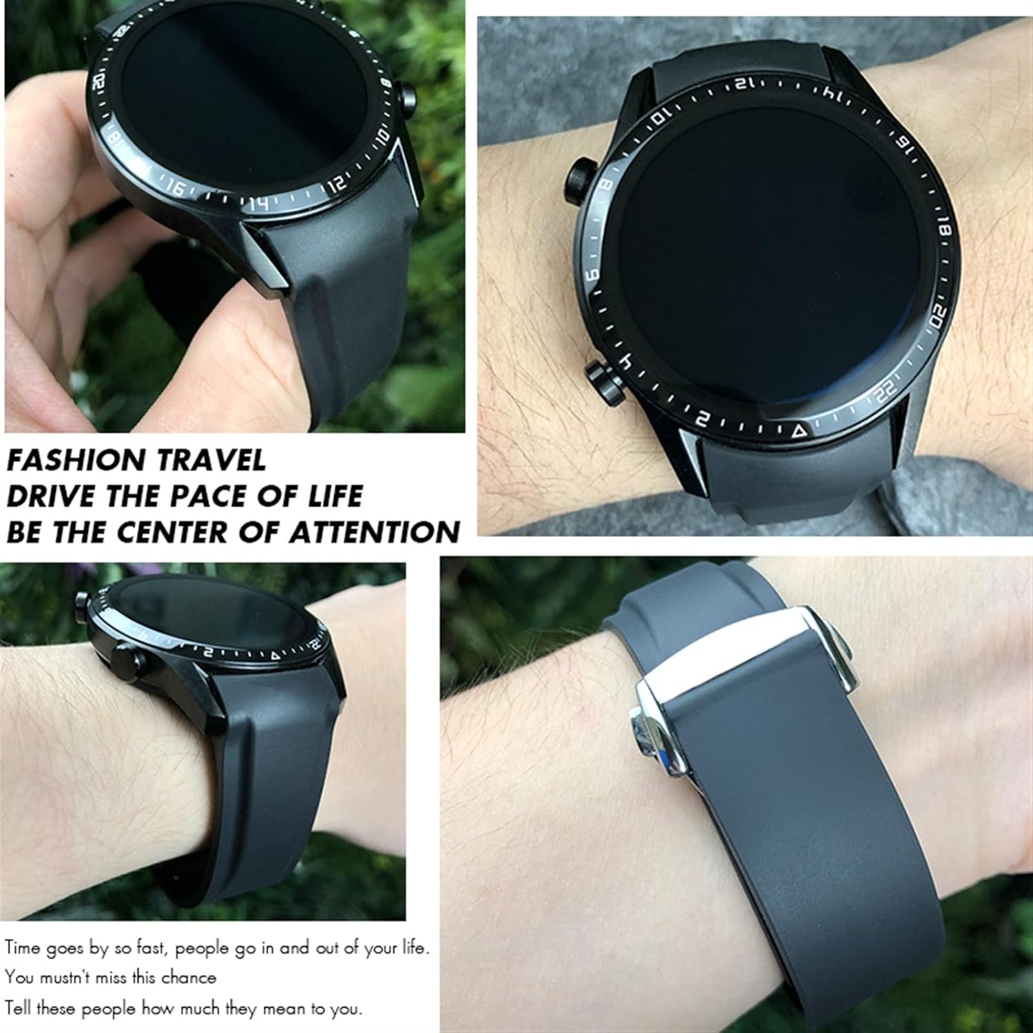 Correa de reloj de goma de 0.866in y 0.787in, correa de silicona de extremo curvado para Huawei GT2 PRO Watch Classic Black Bracelet