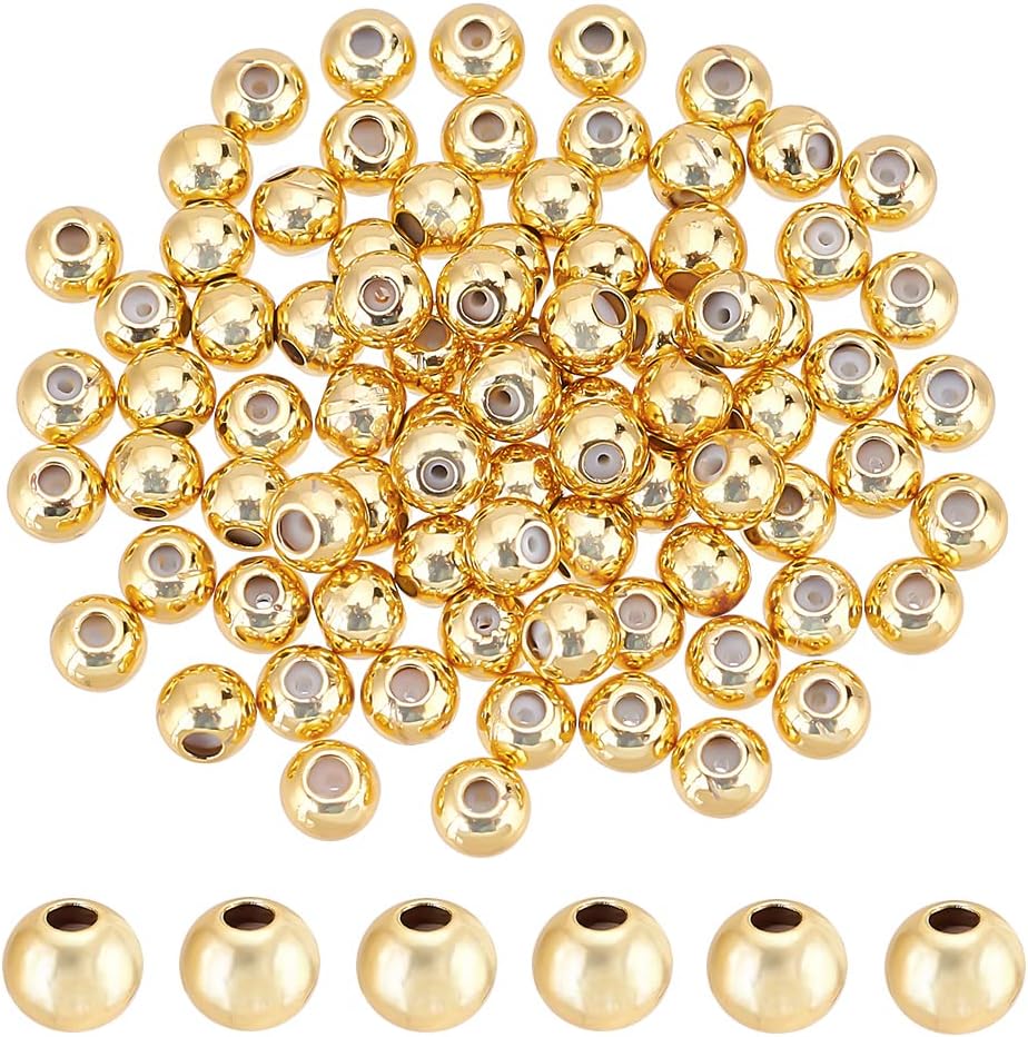 BENECREAT 80 cuentas redondas de latón chapado en oro de 18 quilates, cuentas de tapón dorado de 0.16 x 0.118 pulgadas, cuentas deslizantes con goma