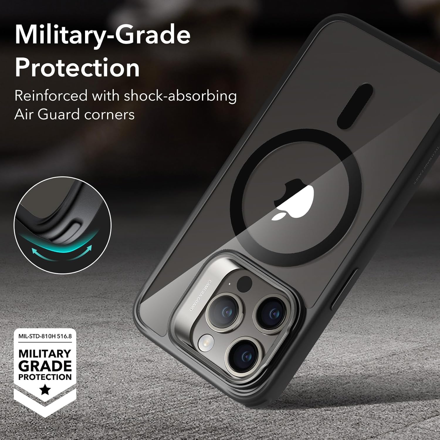 ESR Funda para iPhone 15 Pro, compatible con MagSafe, funda protectora de grado militar, funda para teléfono con soporte integrado, cubierta trasera