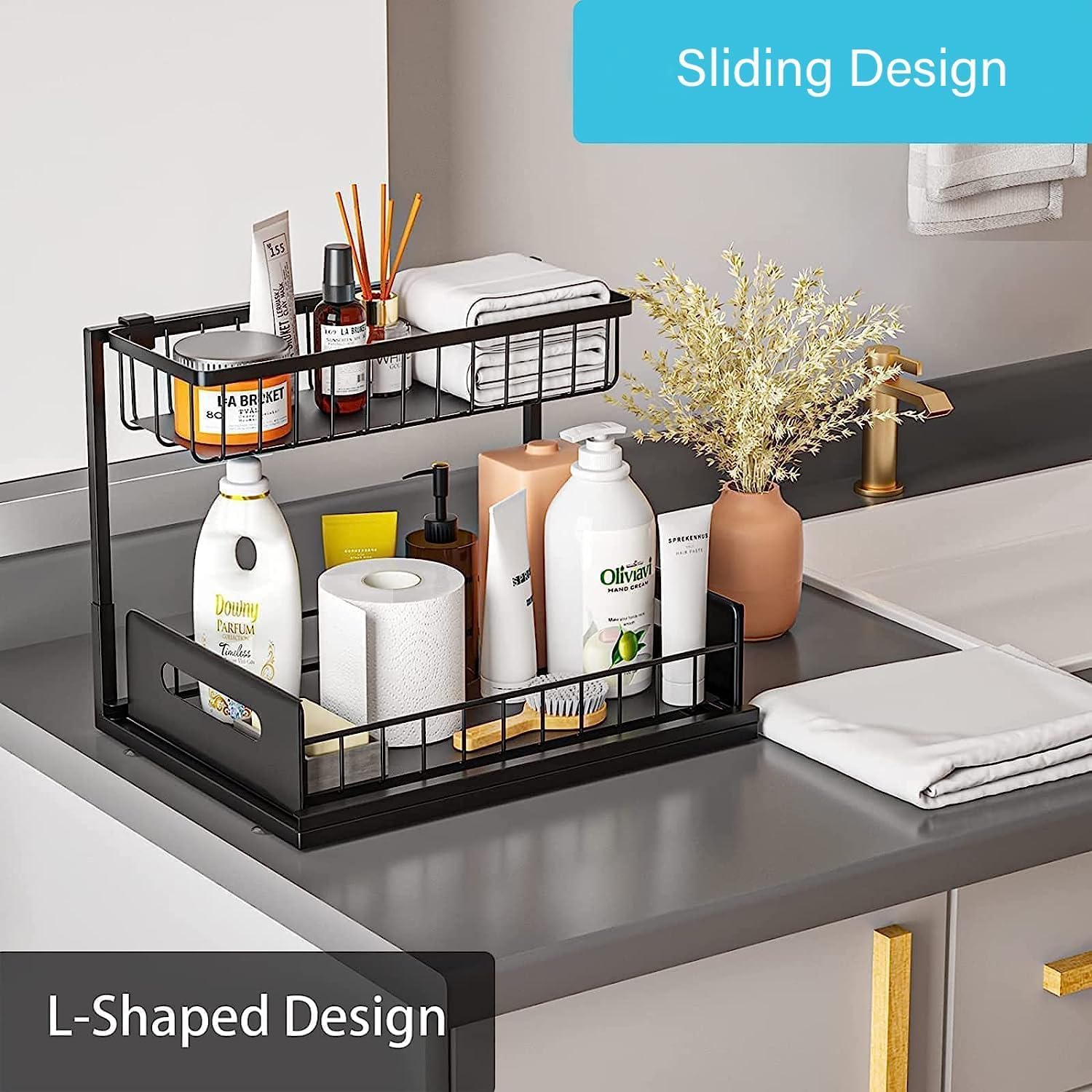 Organizador de 2 piezas en forma de L para debajo del fregadero con diseño deslizante, estante extraíble de 2 niveles, organizador para debajo del
