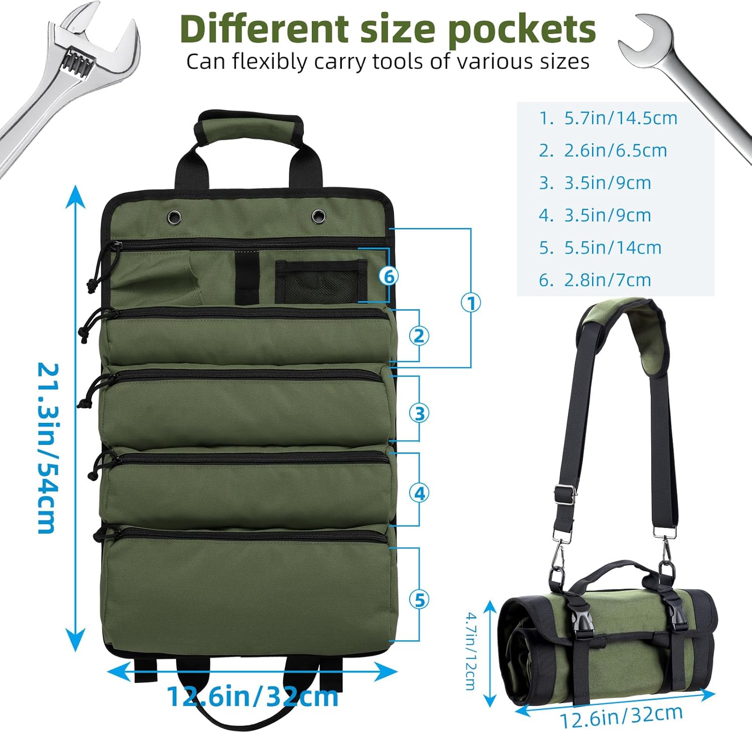 Koolertron Organizador de bolsa de herramientas enrollable, bolsa de almacenamiento de herramientas para múltiples herramientas, 4 cremalleras, lona