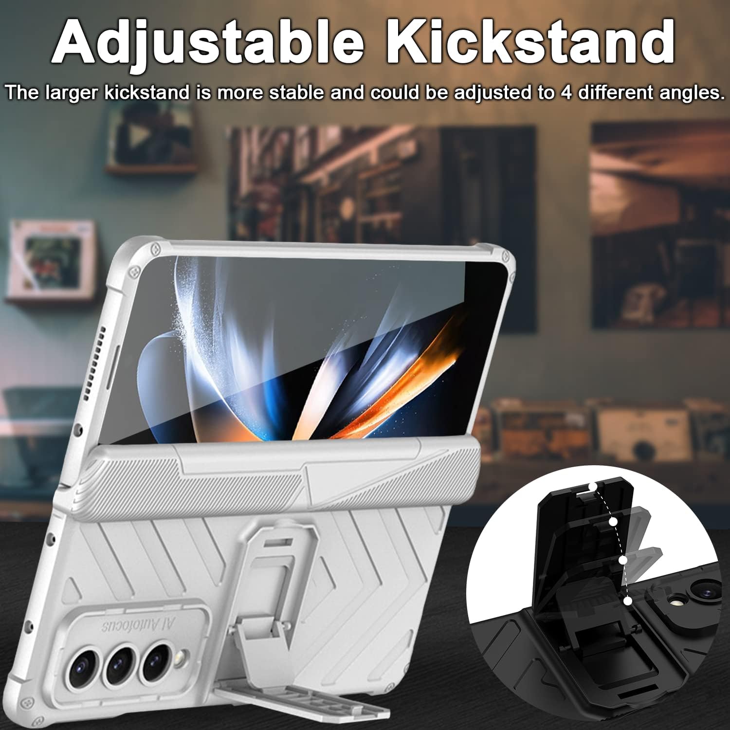 Miimall Funda compatible con Z Fold 4, funda Fold 4 con protección de bisagra, soporte ajustable, protector de pantalla de vidrio templado, funda