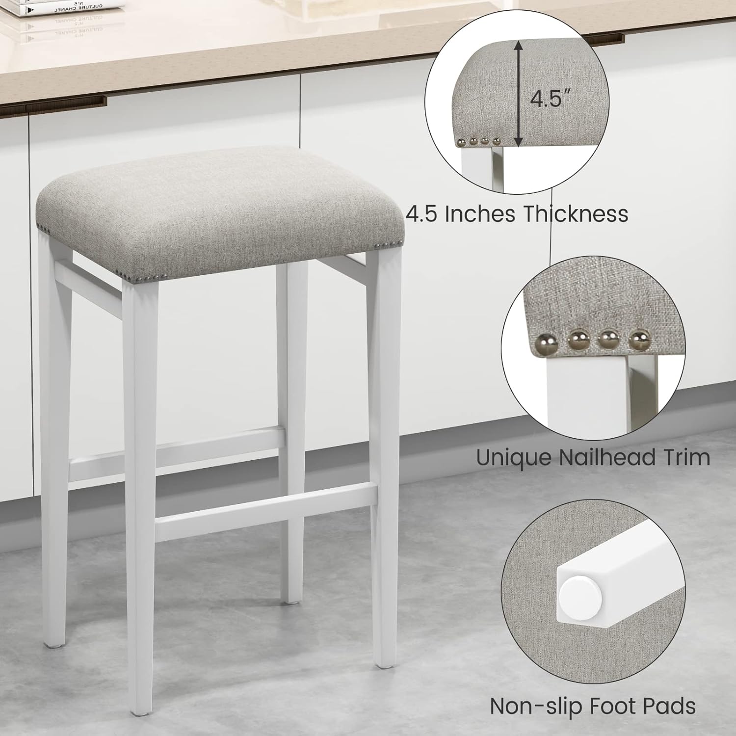 COSTWAY Juego de 2 taburetes de bar de 29.5 pulgadas de altura de mostrador con cojines de asiento acolchados, patas de madera de caucho natural,