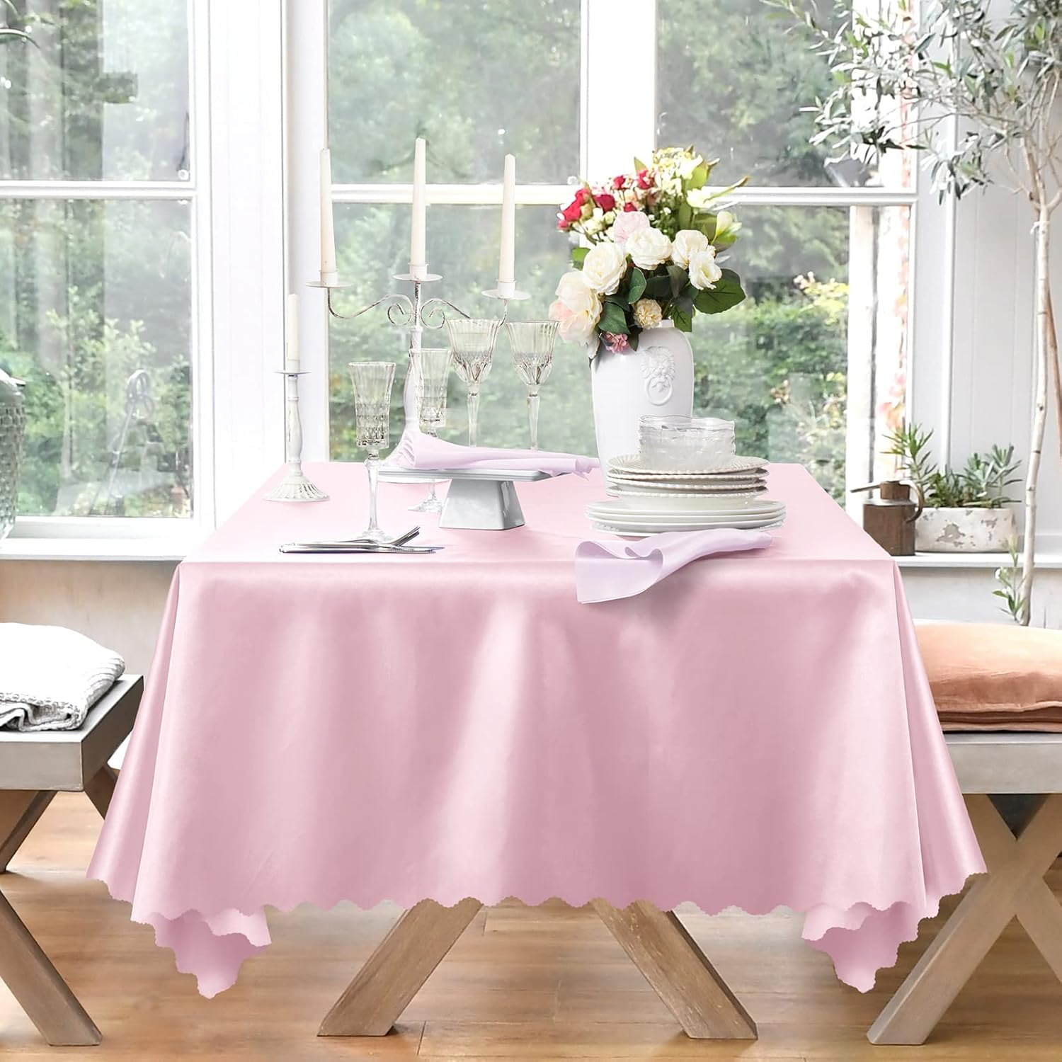 Mantel rectangular de satén rosa de 60 x 120 pulgadas, mantel festoneado (1 paquete), mantel rectangular de satén oblongo, resistente al agua,