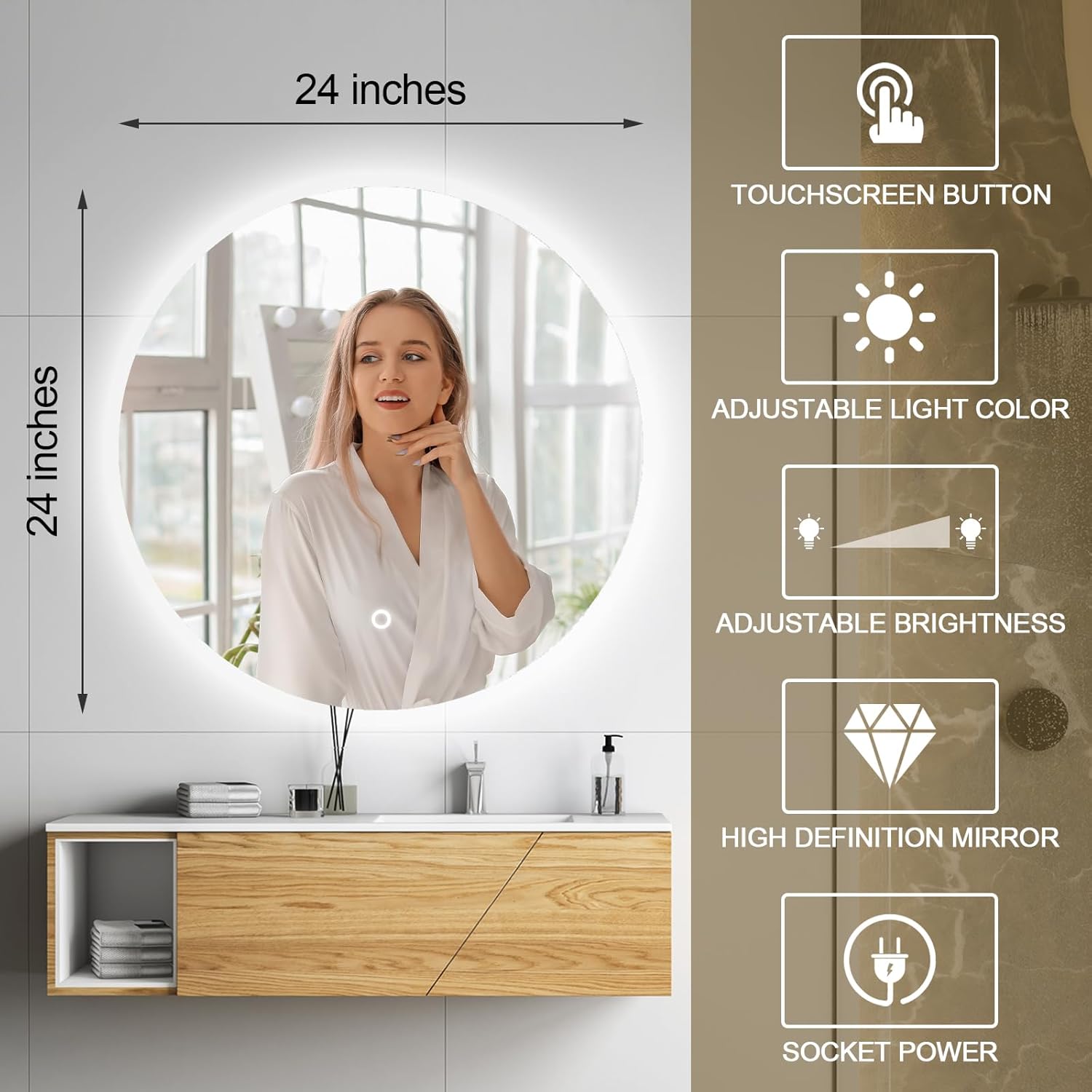 Espejo LED para baño de 24 pulgadas, retroiluminado con luces, táctil regulable inteligente, 3 modos de color, a prueba de roturas, redondo