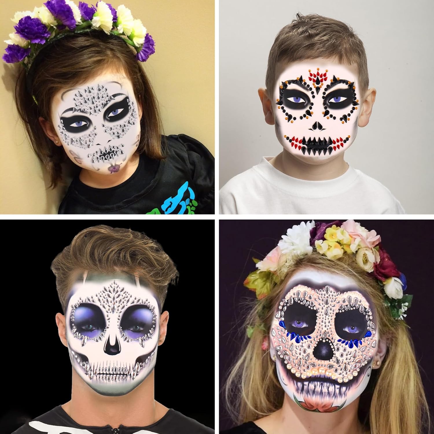 Calcomanías de joyas de Halloween para la cara, decoraciones de gemas de cara de Halloween, tatuajes temporales de calavera del día de los muertos,