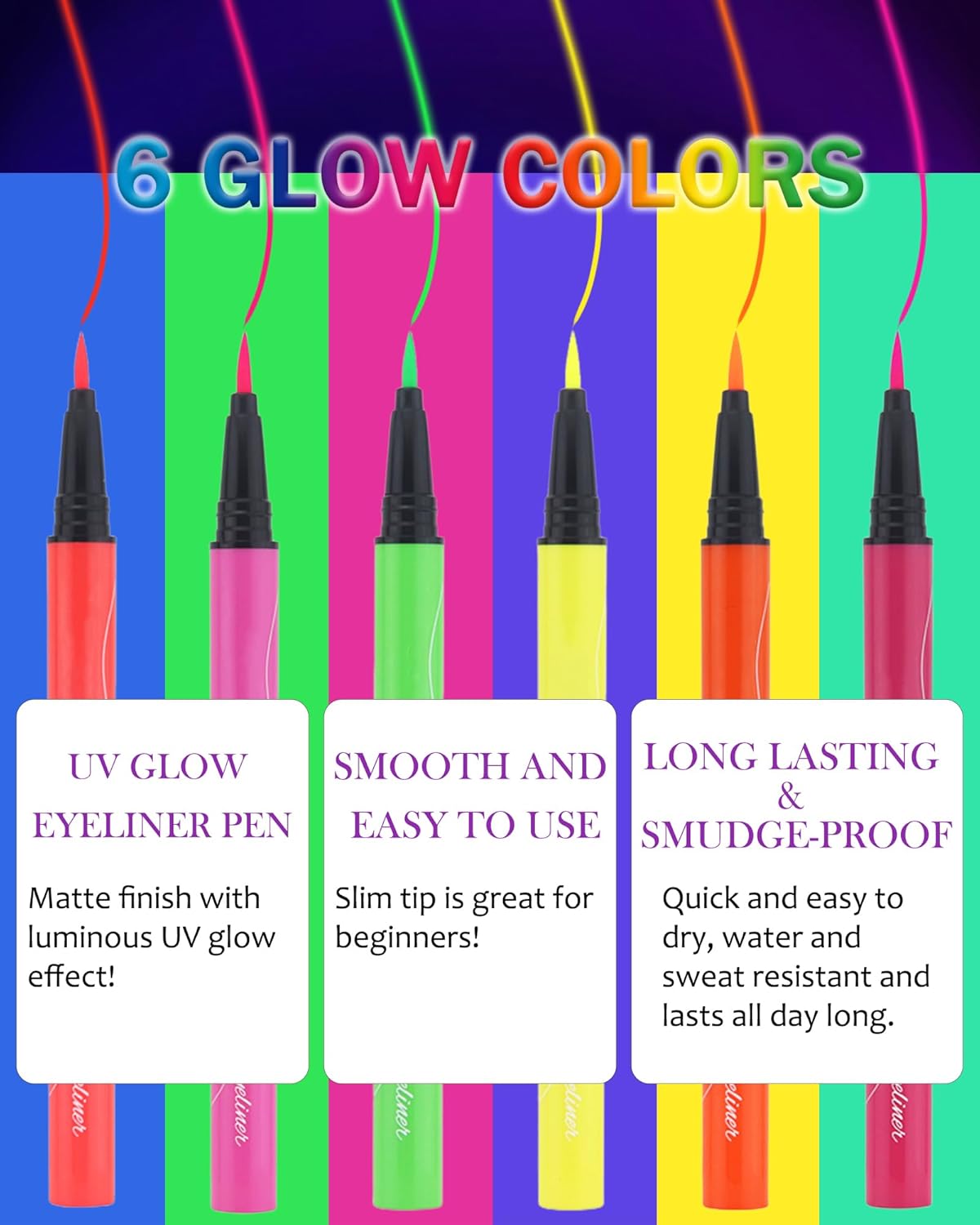 Juego de delineador líquido de neón con brillo UV, 6 colores mate, delineador de ojos de arcoíris mate, delineador de ojos neón luminoso de colores,