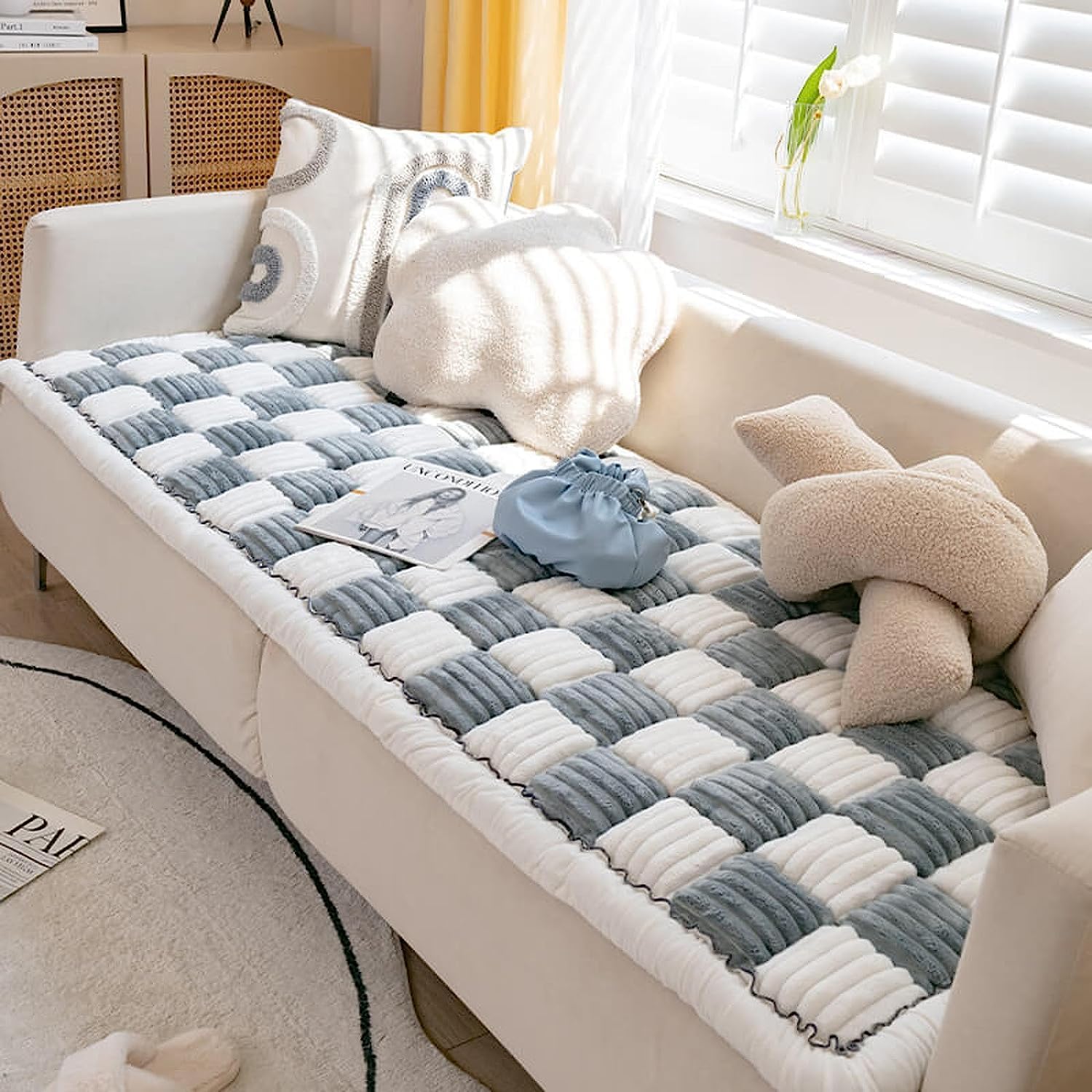 Tapete cuadrado grande de color crema para cama y sofá, funda para sofá, funda protectora de algodón elegante para jardín, lavable a máquina, color