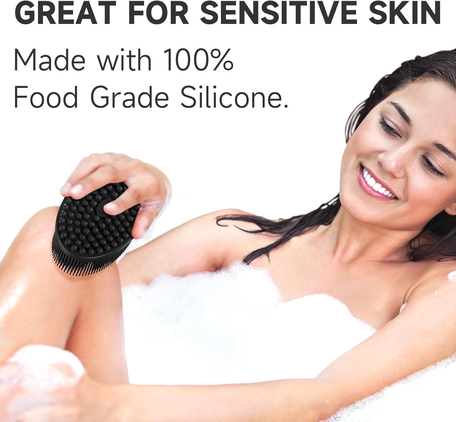 Metene Exfoliante corporal de silicona para ducha y baño, suave, enjabona bien, larga duración, color negro con lazo
