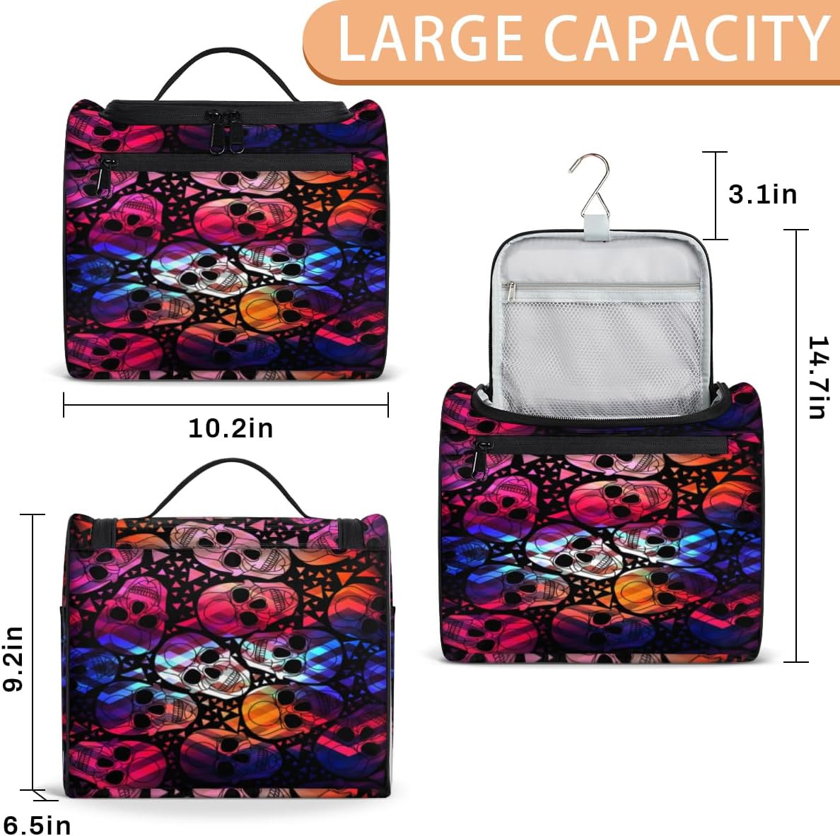 Skull Art Design Toiletry Bag for Women Travel Makeup Organizer with Hanging Hook Traveling Cosmetic Bags for Toiletries Accessories