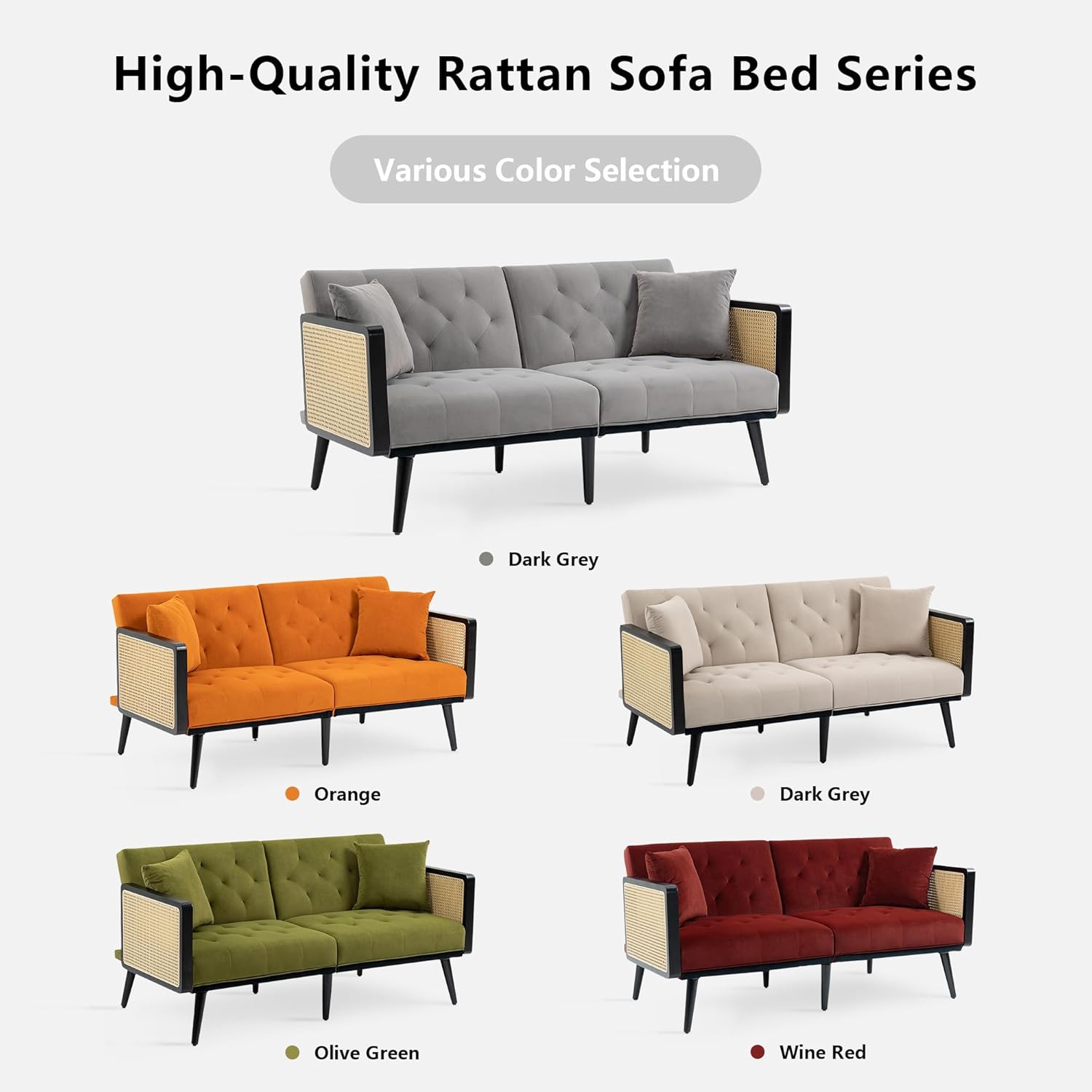 Dolonm Sofá de terciopelo de 62 pulgadas con reposabrazos de ratán y 2 almohadas, sofá biplaza con pies de metal, moderno sofá convertible futón,