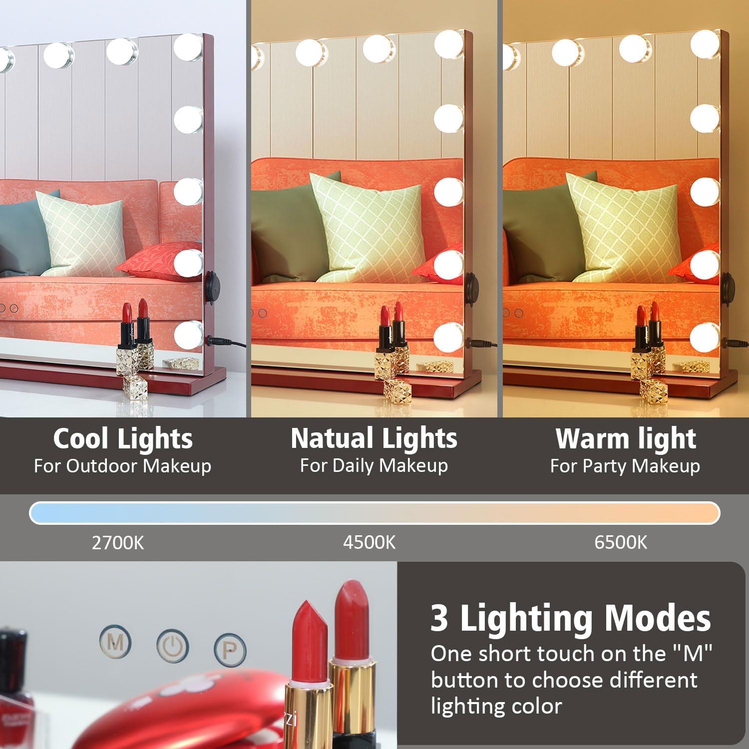 AMST Hollywood Espejo de tocador con luces, espejo de maquillaje iluminado con 15 bombillas LED regulables, espejo cosmético montado en la mesa o en