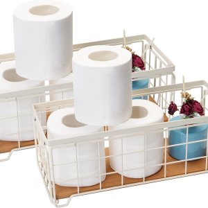TIEYIPIN Cesta de almacenamiento de alambre de metal, soporte para rollo de papel higiénico, base de madera, caja de decoración de encimera, estante TIEYIPIN Cesta de almacenamiento de alambre de metal, soporte para rollo de papel higiénico, base de madera, caja de decoración de encimera, estante