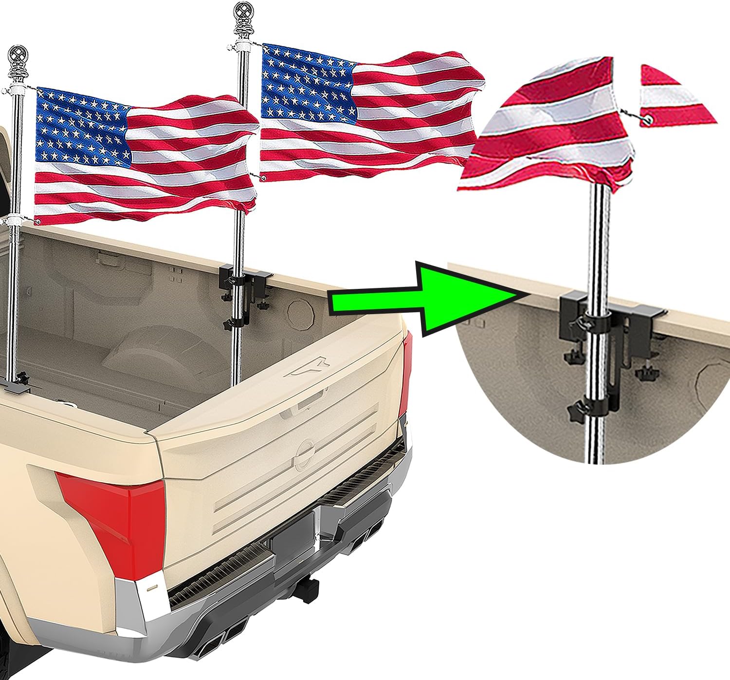 Soporte para mástil de bandera de camión de remolque en la cama, soporte de bandera sin perforaciones para camioneta con riel de cama o sin riel de