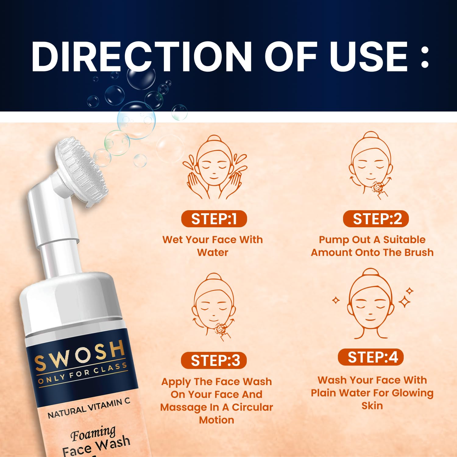 SWOSH Jabón facial espumoso natural con vitamina C para piel propensa a espinillas y grasas, sin parabenos, sulfatos, siliconas y color (con cepillo