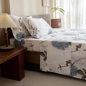 Lady Ann Sábanas florales 100% algodón tamaño matrimonial, flores azules impresas en blanco roto sábanas botánicas de algodón tamaño matrimonial Lady Ann Sábanas florales 100% algodón tamaño matrimonial, flores azules impresas en blanco roto sábanas botánicas de algodón tamaño matrimonial