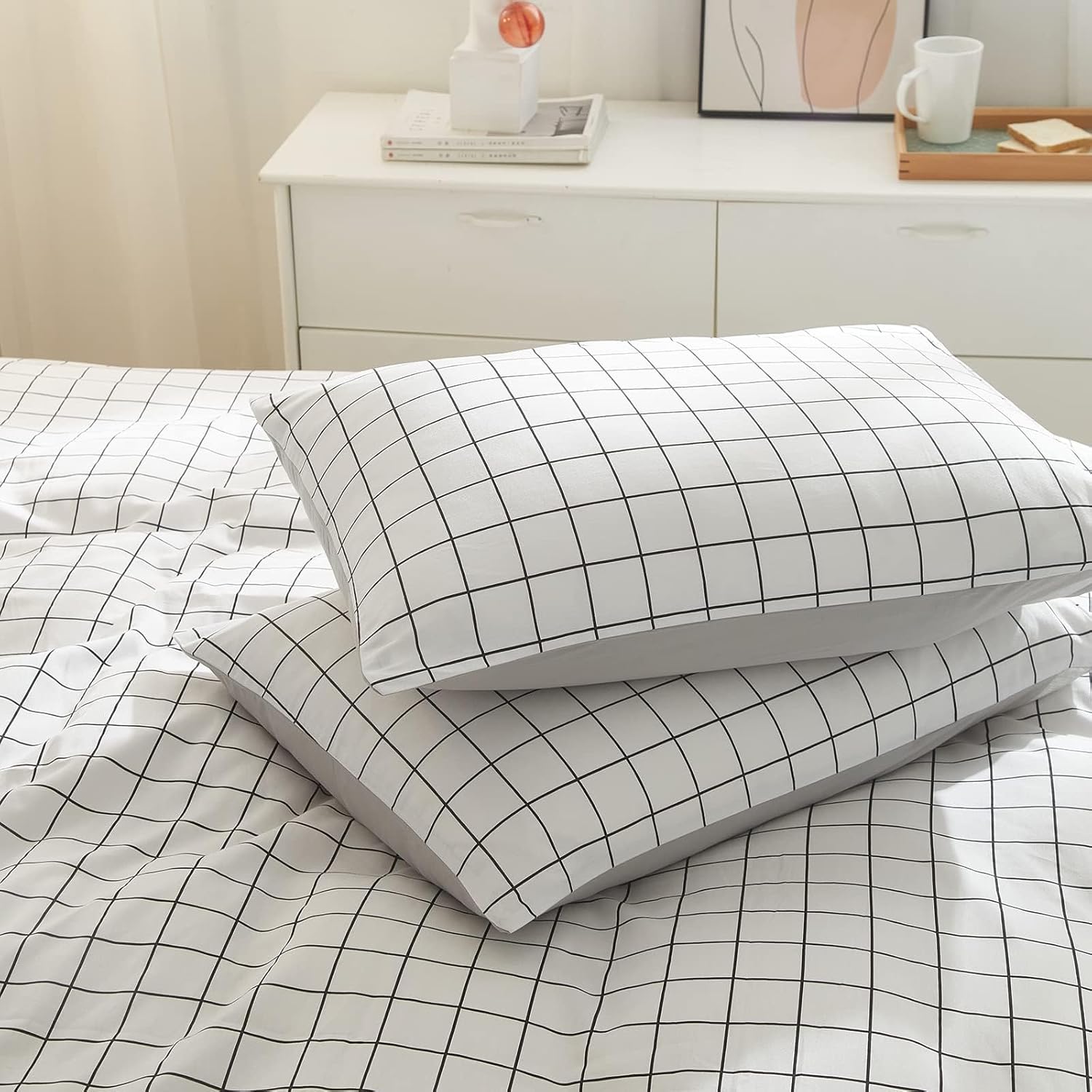 VClife Funda de edredón de algodón individual XL, juego de ropa de cama a cuadros tamaño individual XL, estilo simple, blanco y gris, funda de