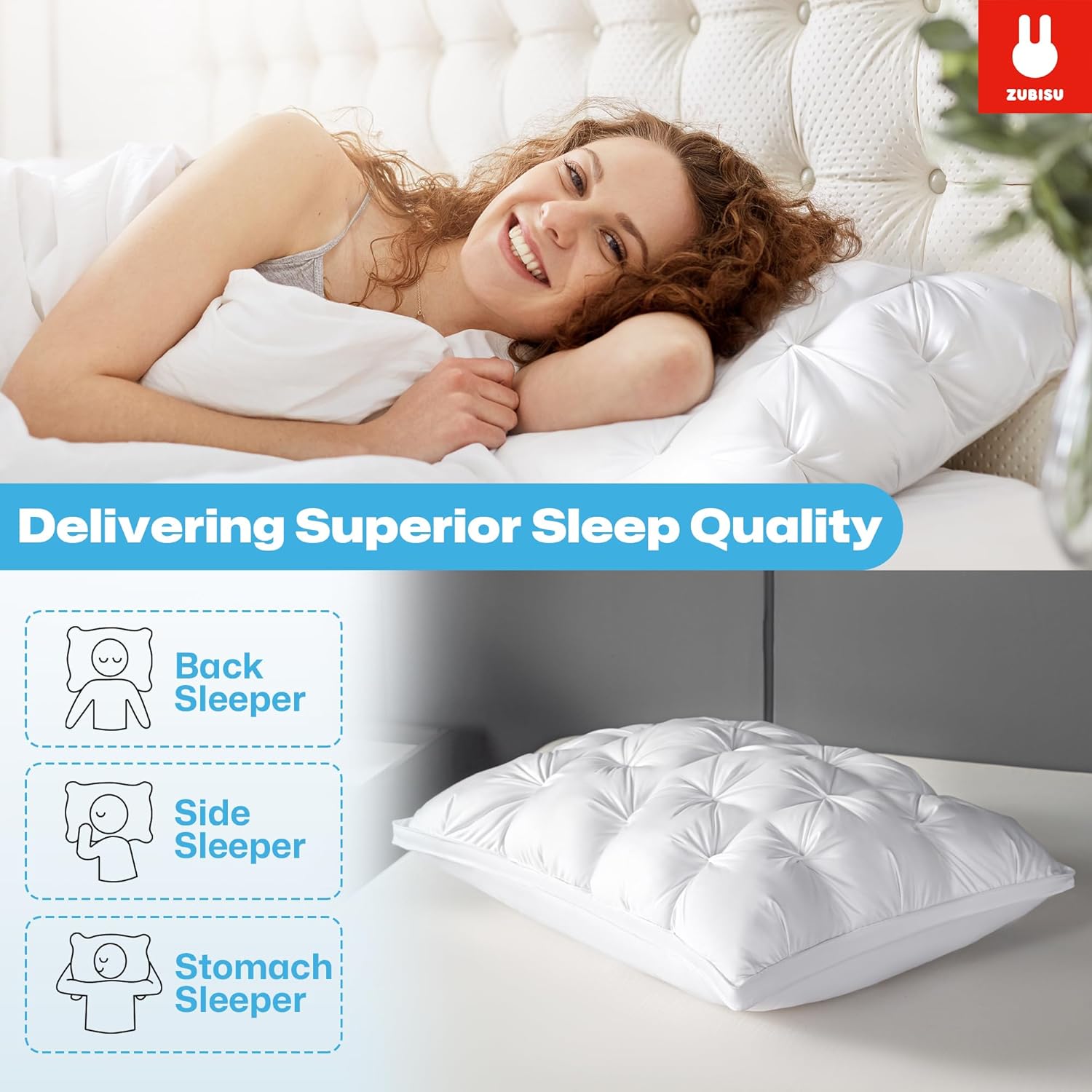 ZUBISU Almohada de plumón de ganso blanco de lujo, tamaño Queen, 800 de potencia de relleno, almohada de plumas de hotel esponjosa y suave,