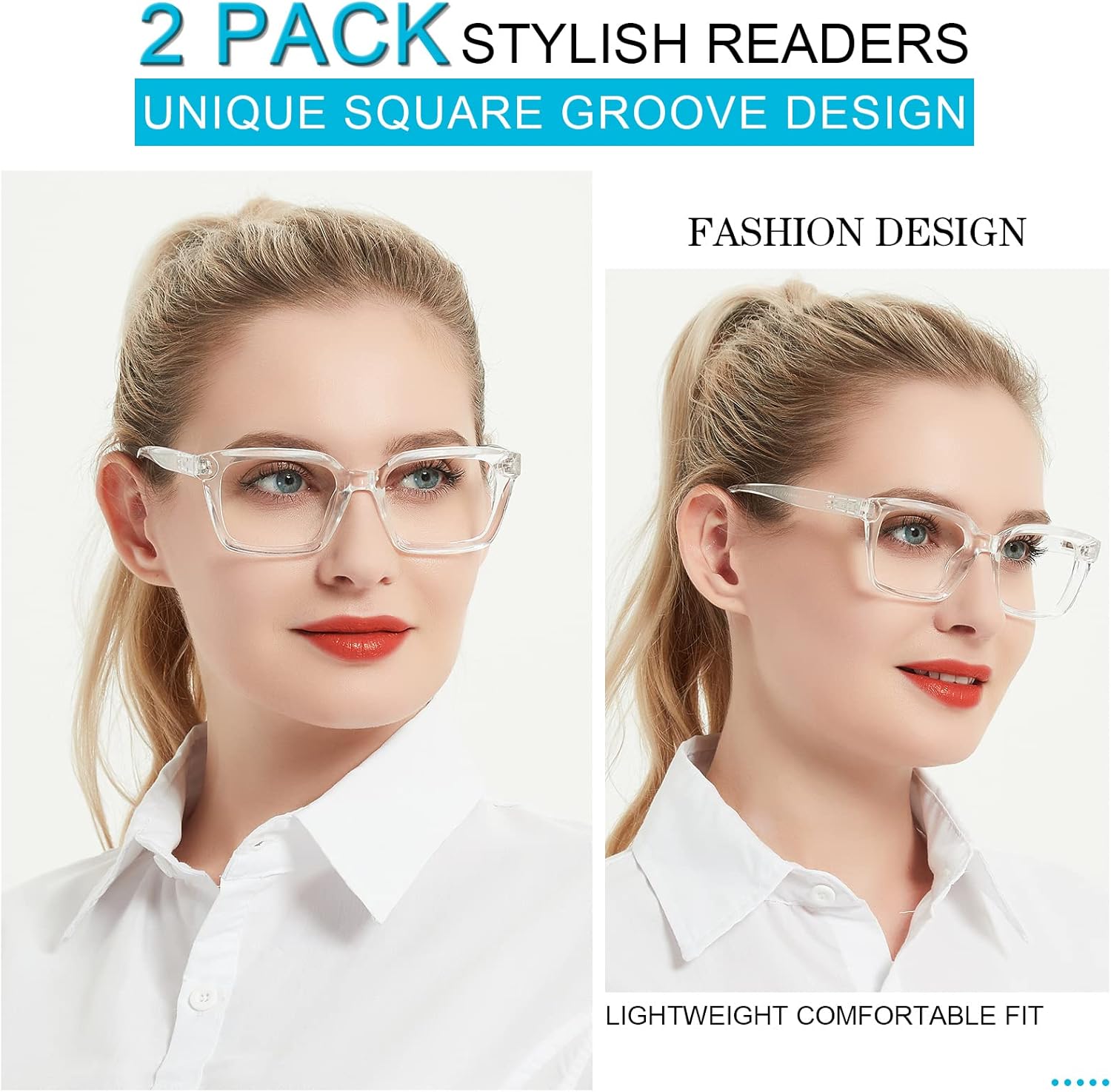 MARE AZZURO 2 pares de anteojos de lectura 2.00 para mujer, elegantes lectores de gran tamaño 100, 150, 200, 250, 300, 350 (transparente, 2.0)