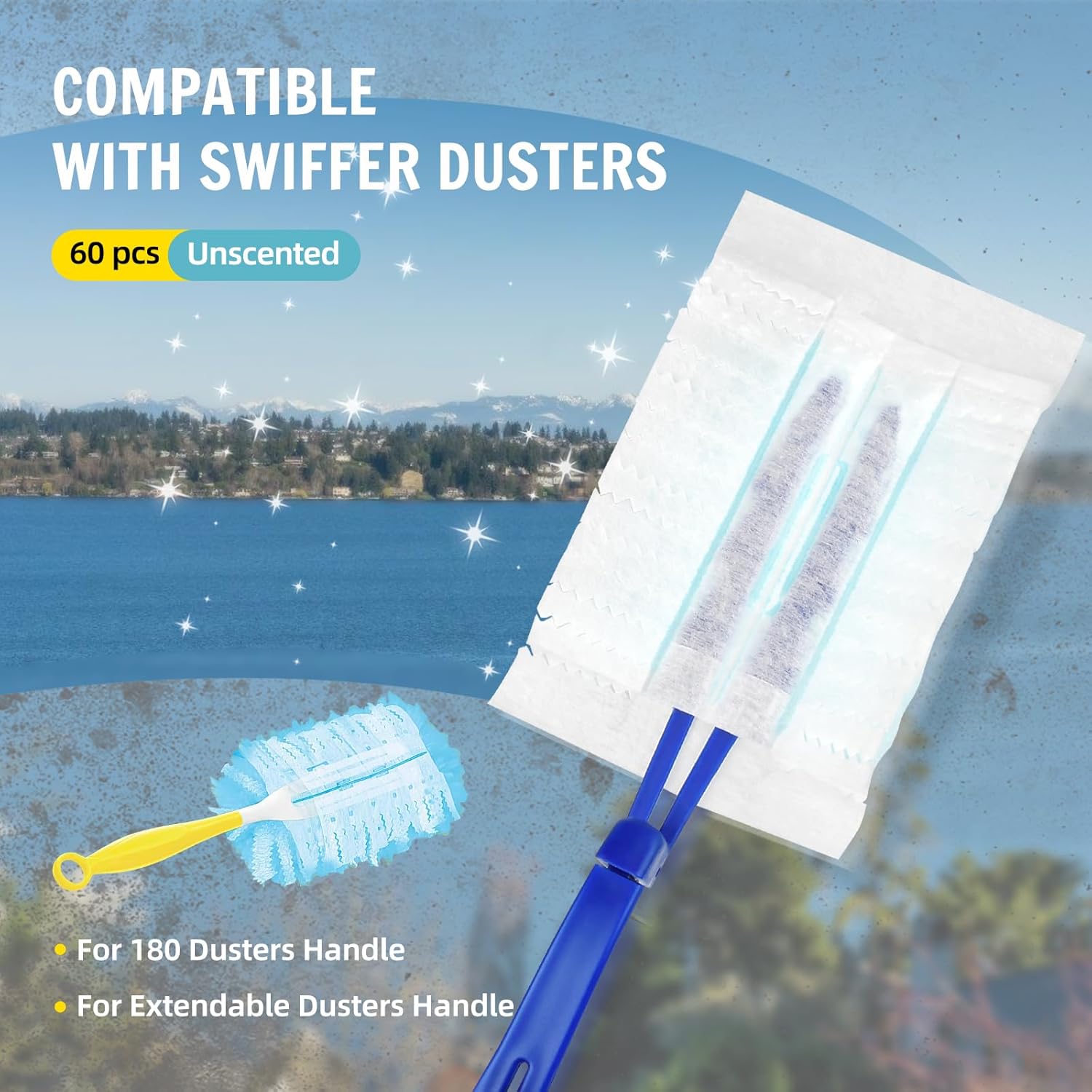 60 repuestos de plumero de 180 compatibles con plumeros Swiffer 180 mangos, repuesto de plumero de plumas multisuperficie resistente con 1 mango