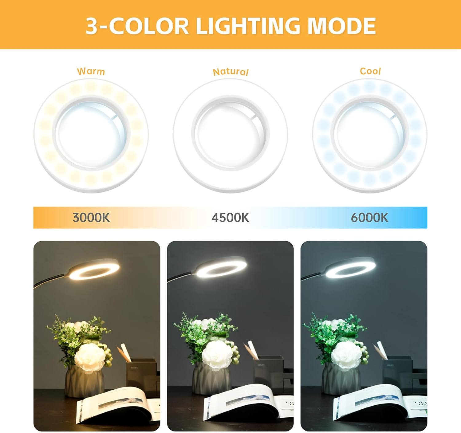 5 lupas con luz, luz de clip de 10 W, lámpara de escritorio de 48 luces LED, 3 modos de luz regulable, lámpara de lupa iluminada con cuello de cisne