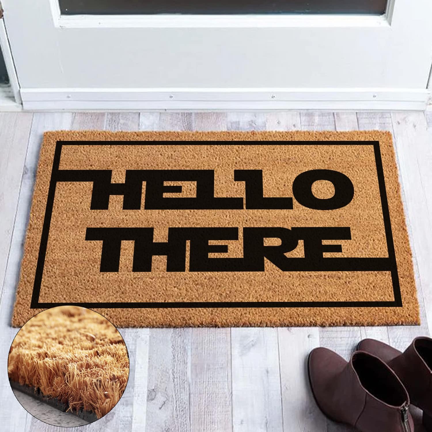 Tapete divertido de fibra de coco con texto en inglés Hello There Welcome Front Porche para la entrada al aire libre, personalizado, parte trasera