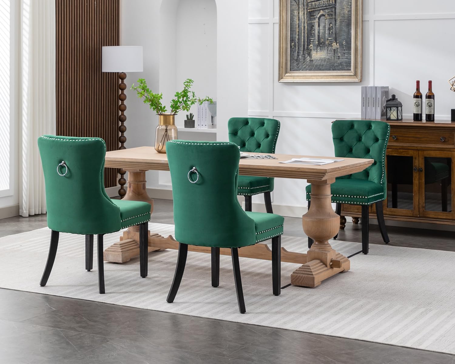KCC Nikki Collection – Juego de 2 sillas de comedor de terciopelo tapizadas de alta gama con anillo trasero de clavo, patas de madera maciza, estilo