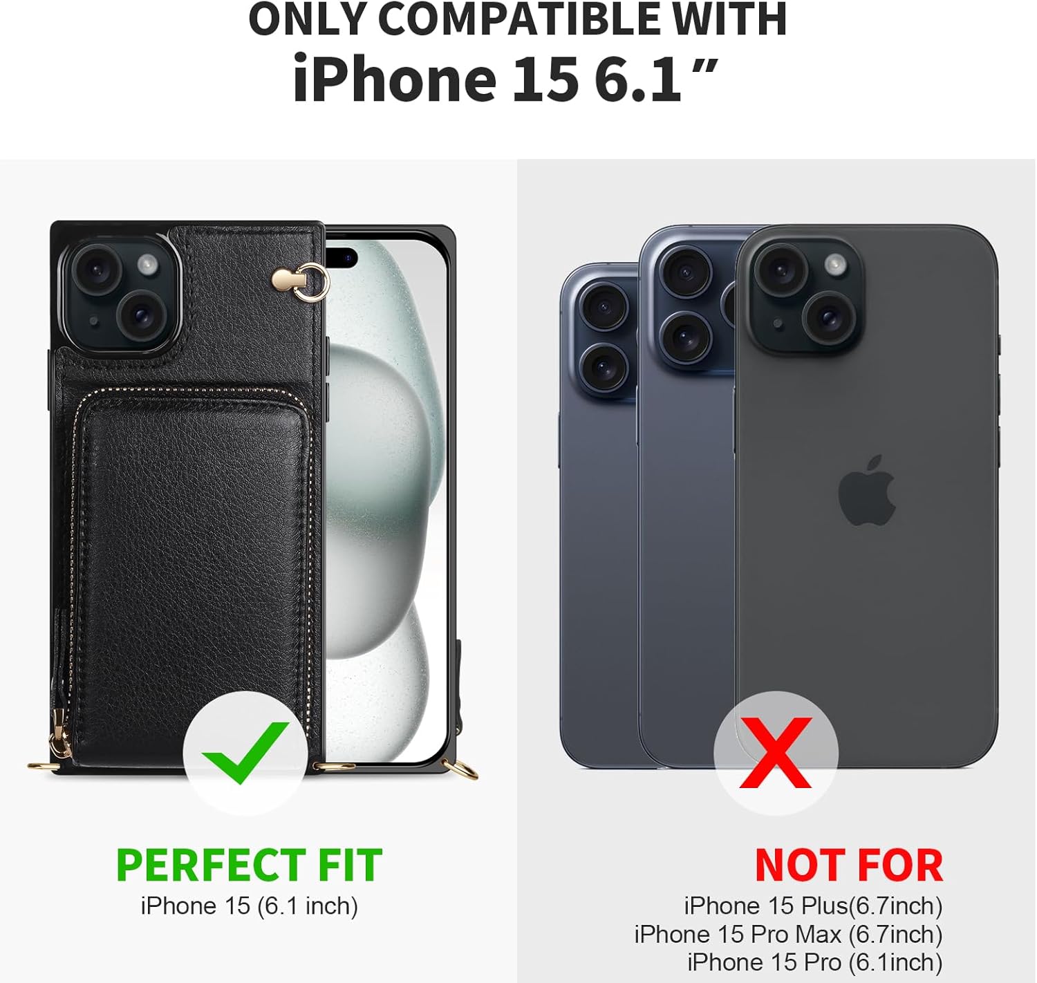 JAKPAK Funda compatible con iPhone 15, funda de piel con cremallera y tarjetero + protector de pantalla 3 unidades, funda protectora con cordón para